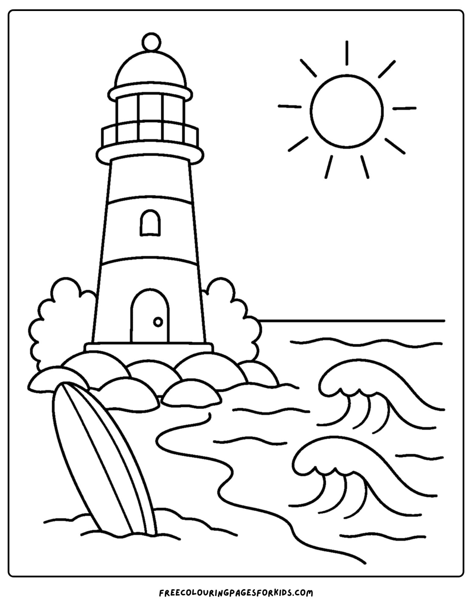 a coloring page of a lighthouse with the sun shining bright as waves crash in and a surfboard in the sand