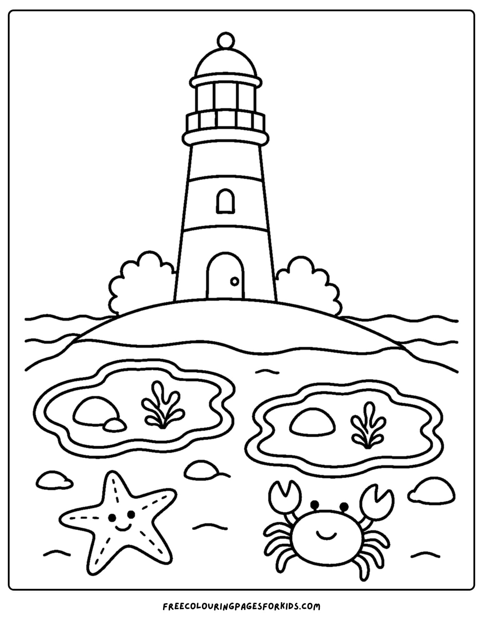 a coloring page of a lighthouse with tide pools in the foreground