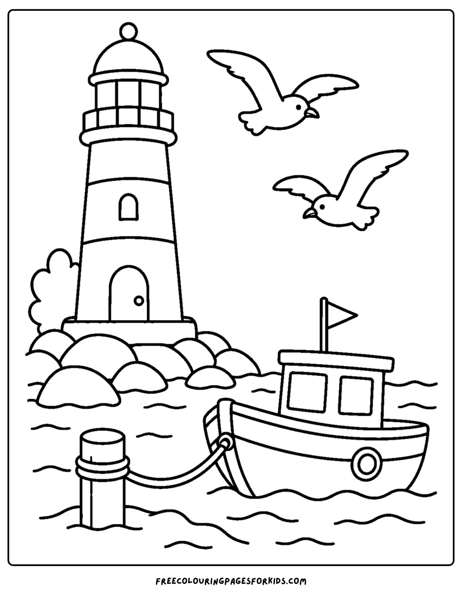 a coloring page of a lighthouse with a tiny boat tied up in front