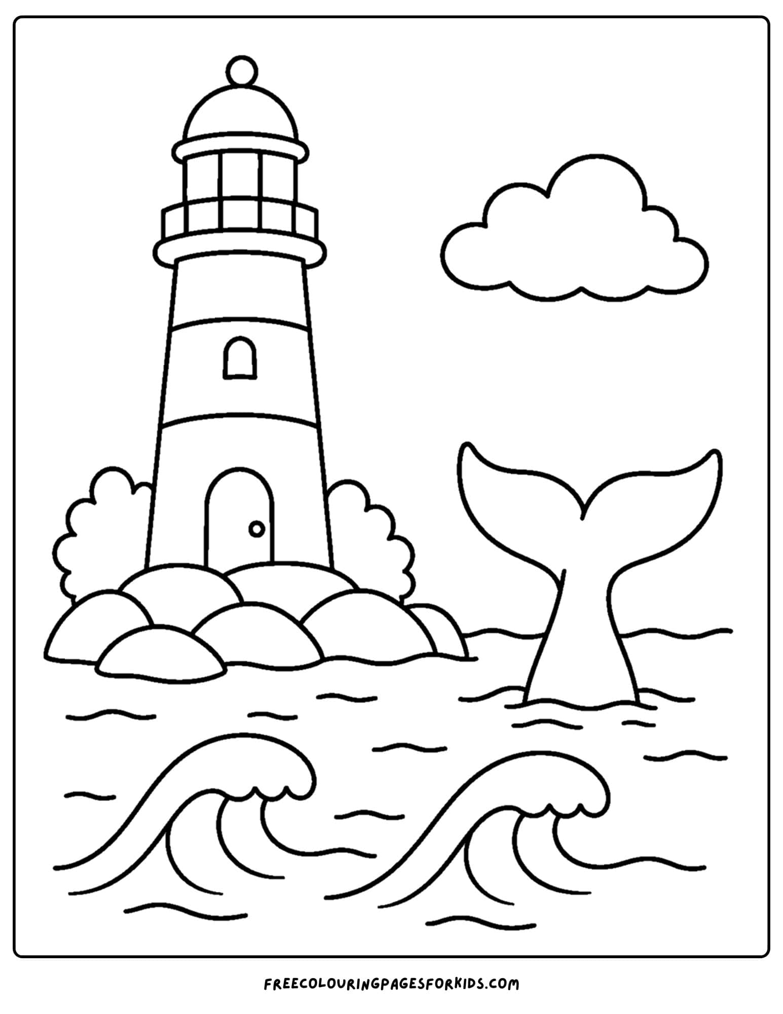 a coloring page of a lighthouse with a whale tail in view amongst the waves