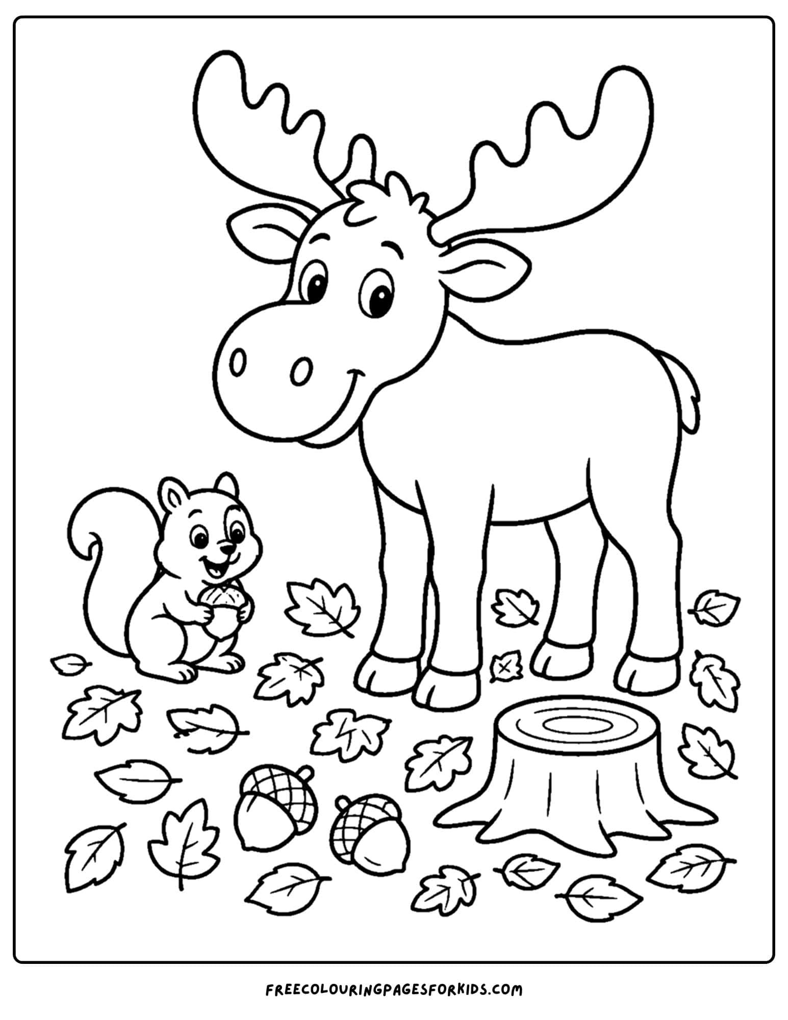 a coloring page showing a moose standing in fall leaves
