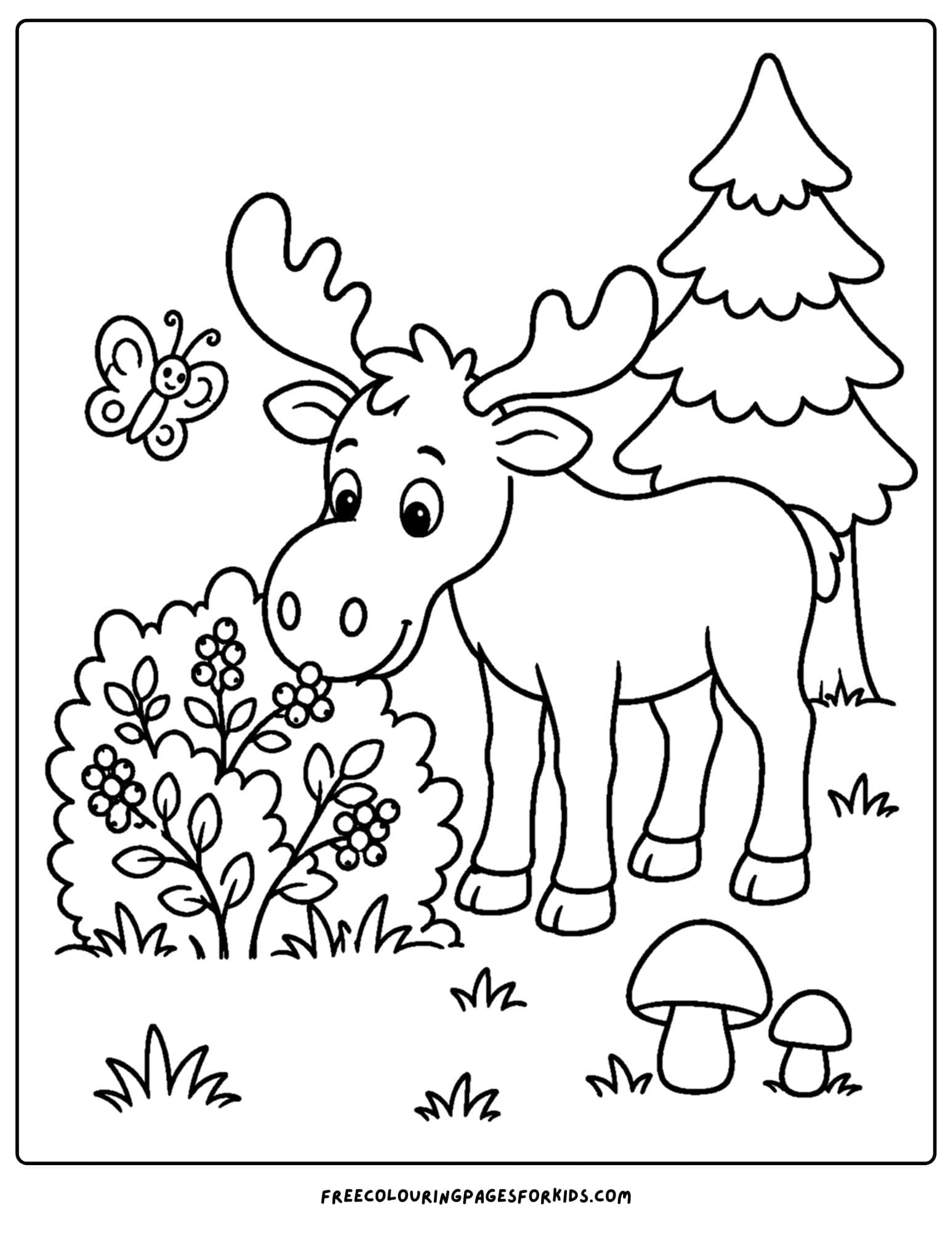 a coloring page showing a moose eating from a berry bush