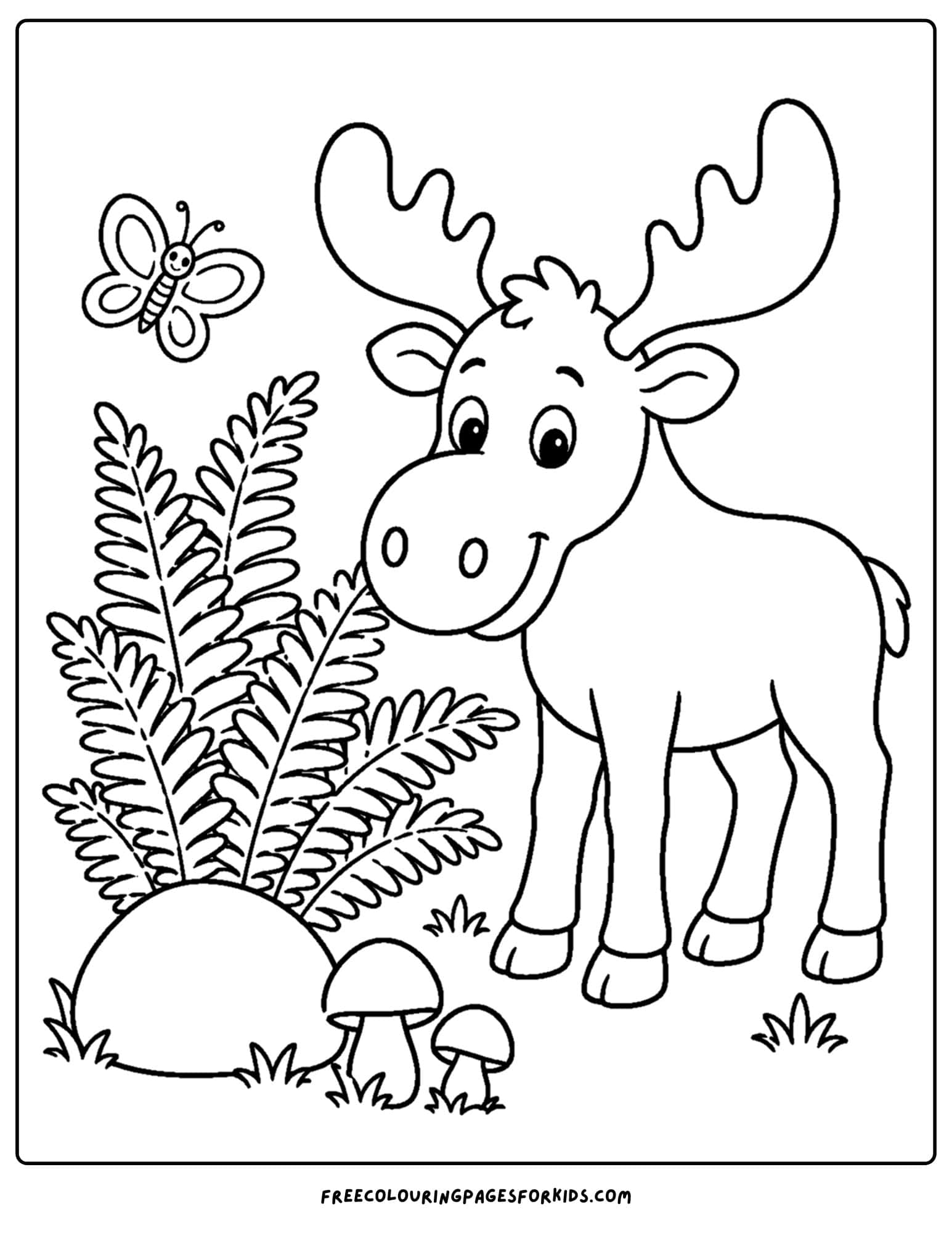 a coloring page showing a moose next to a big fern