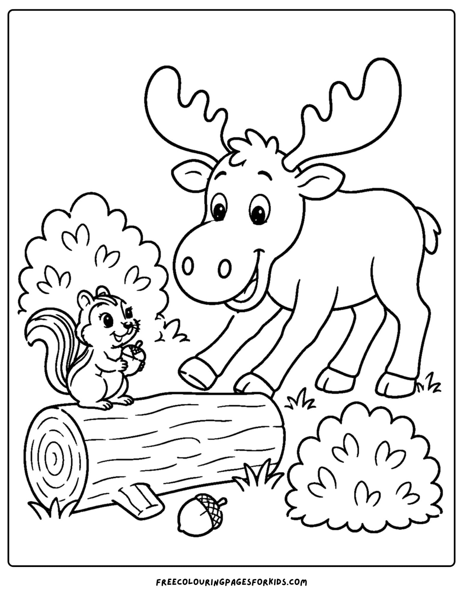 a coloring page showing a moose with a chipmunk friend