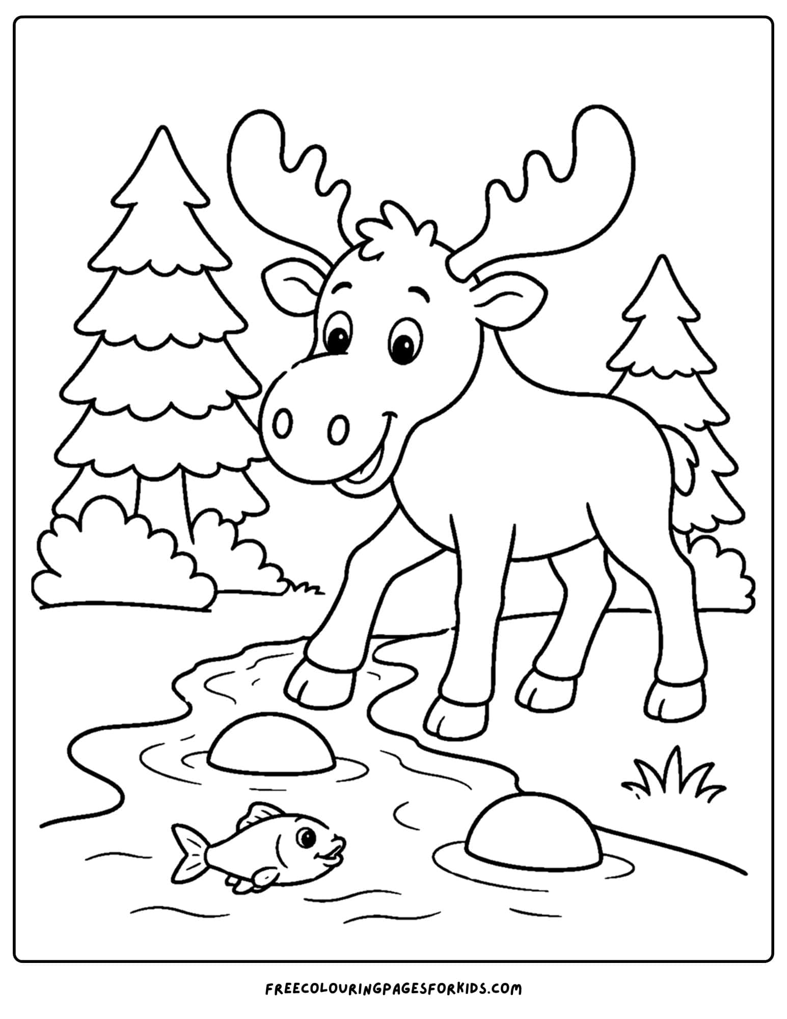 a coloring page showing a moose crossing a creek