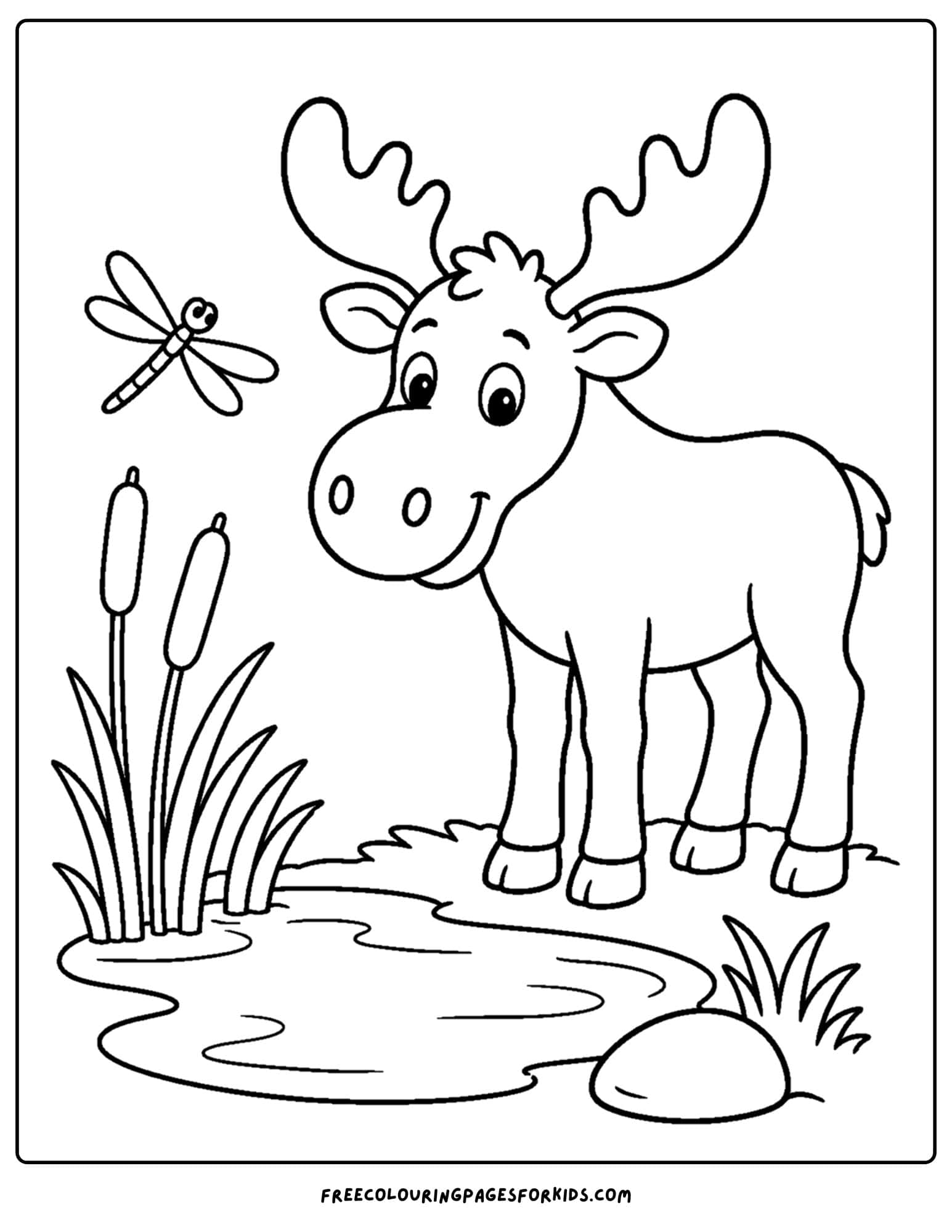a coloring page showing a moose and a dragonfly in a marsh