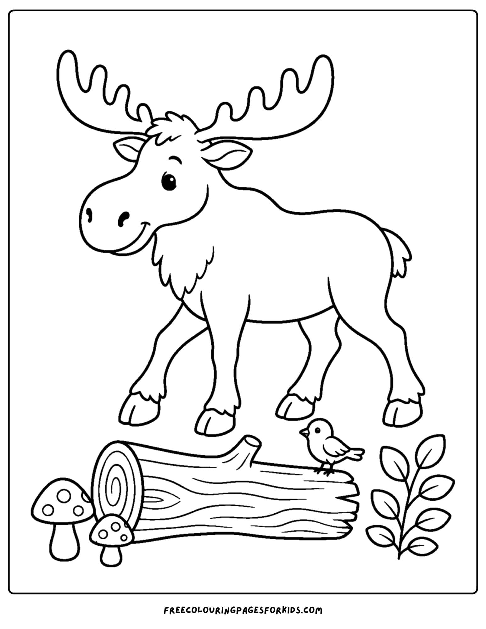 a coloring page showing a moose walking beside a fallen log