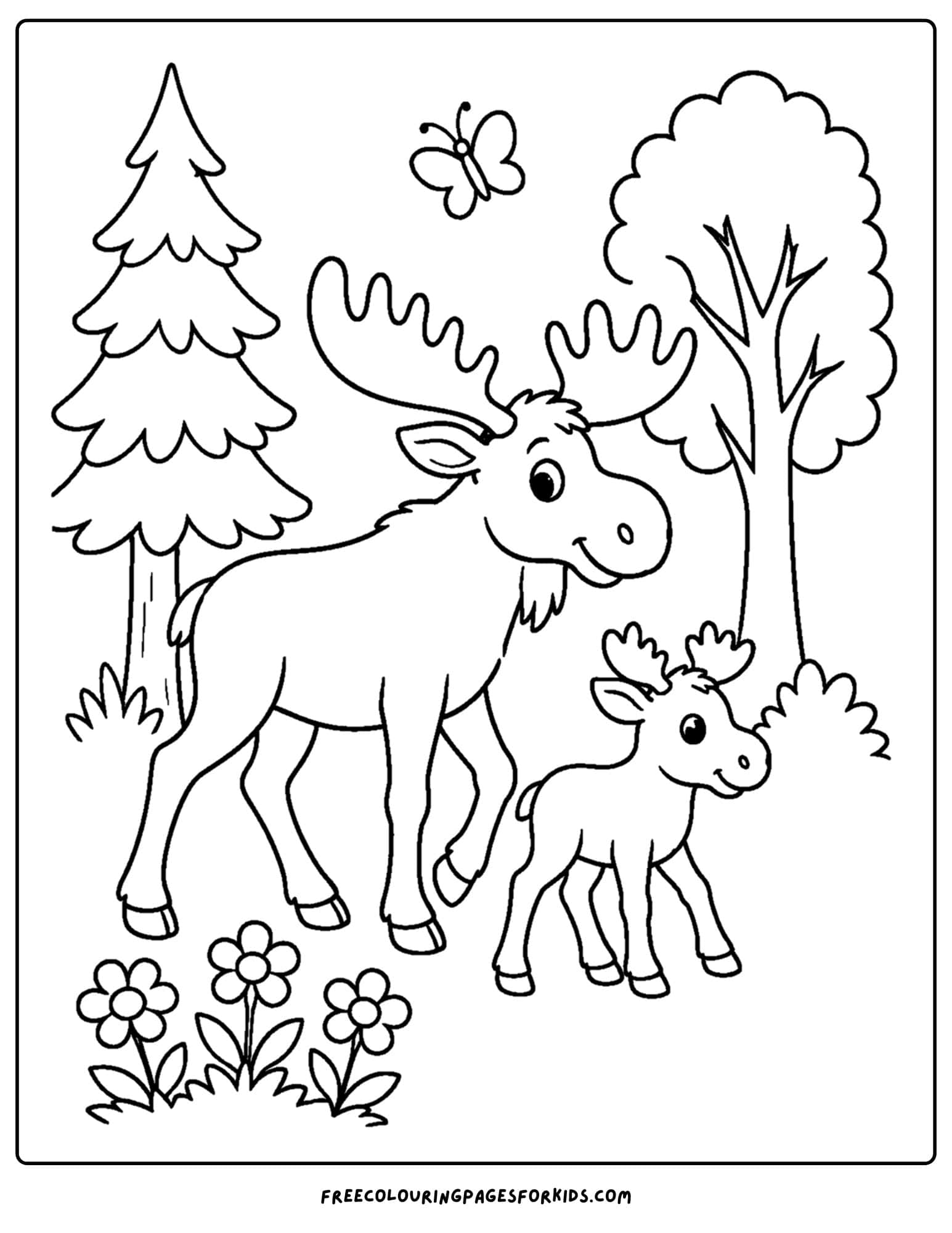 a coloring page showing a moose and baby walking in the forest