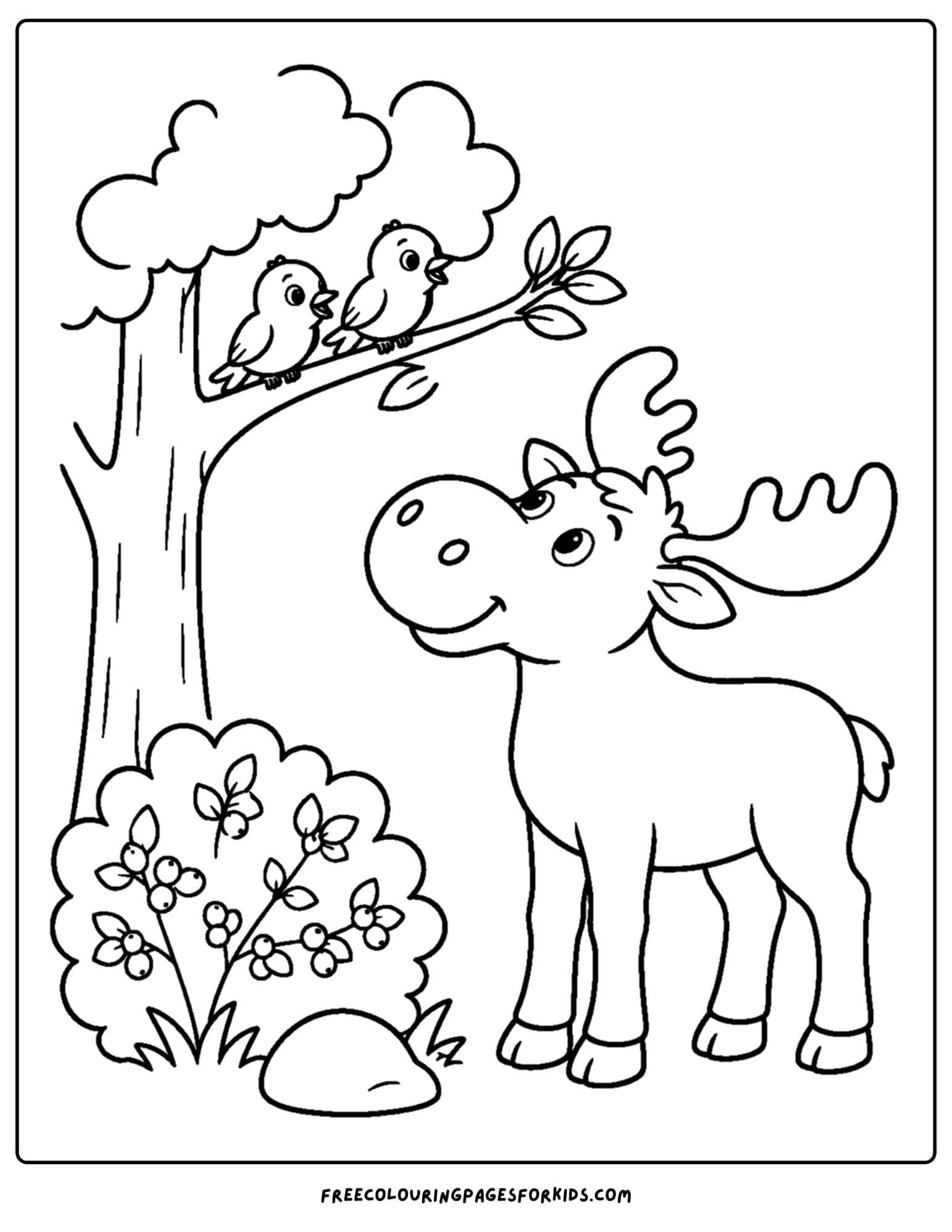 a coloring page showing a moose looking up at birds in a tree