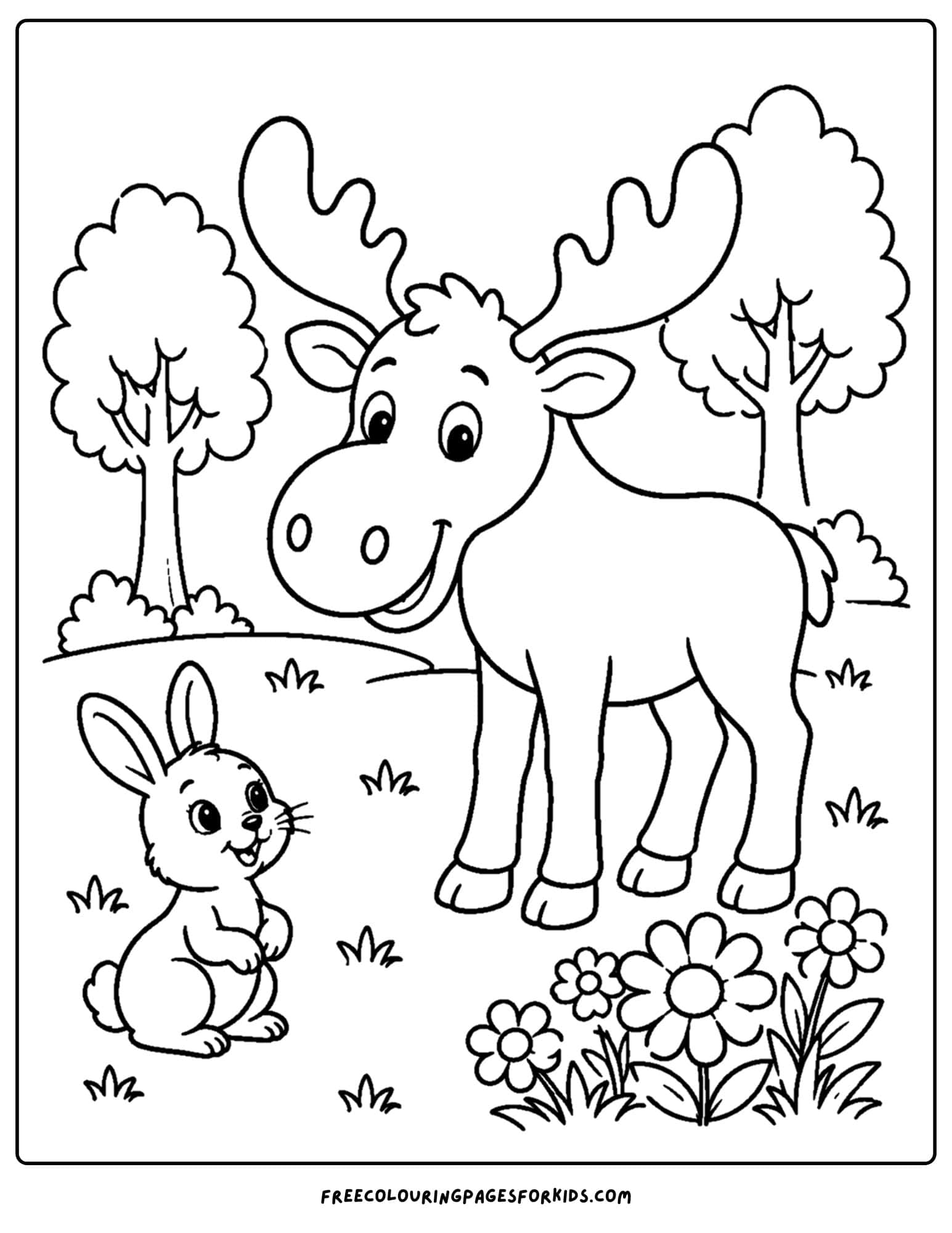a coloring page showing a moose in a forest clearing