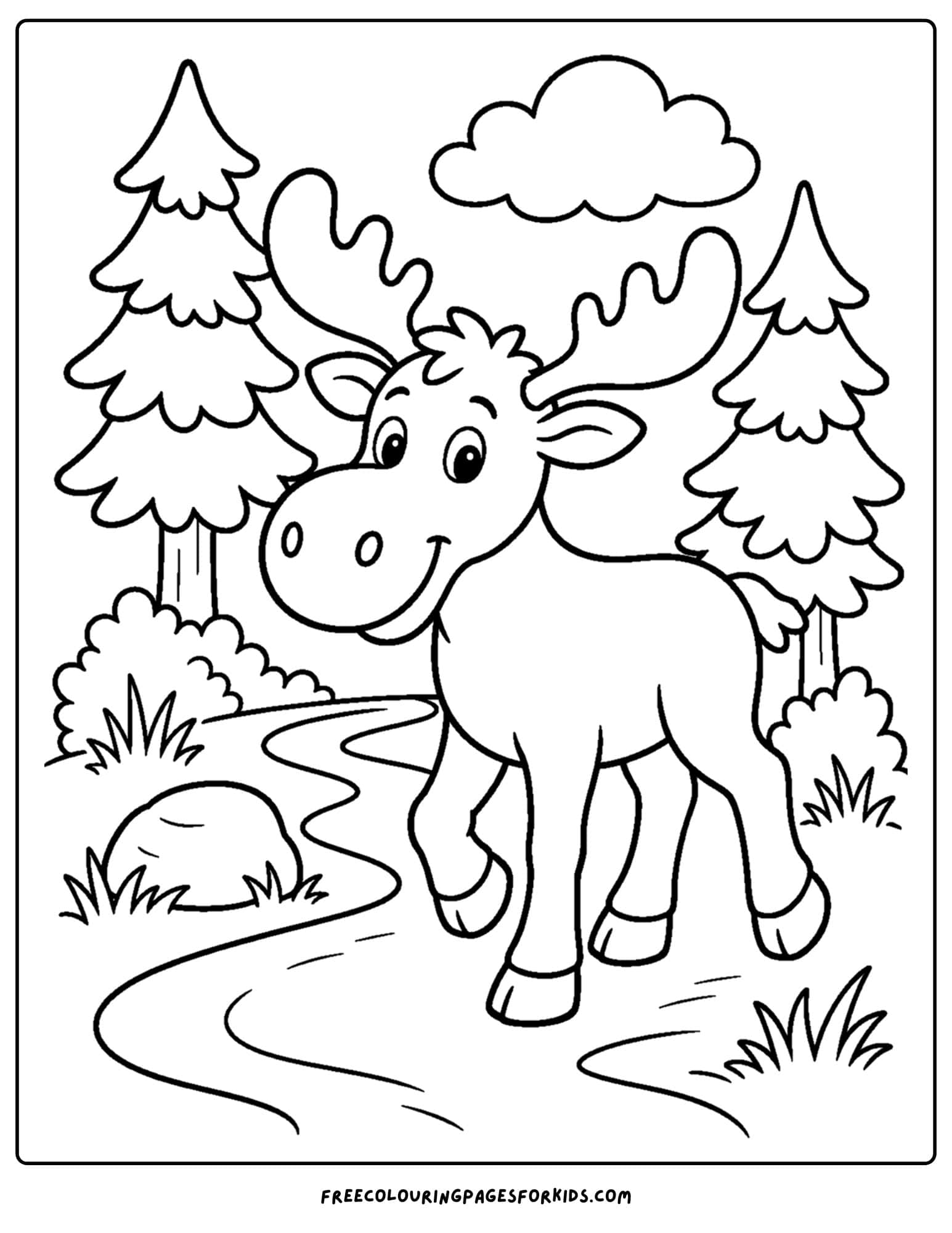 a coloring page showing a moose walking a forest path