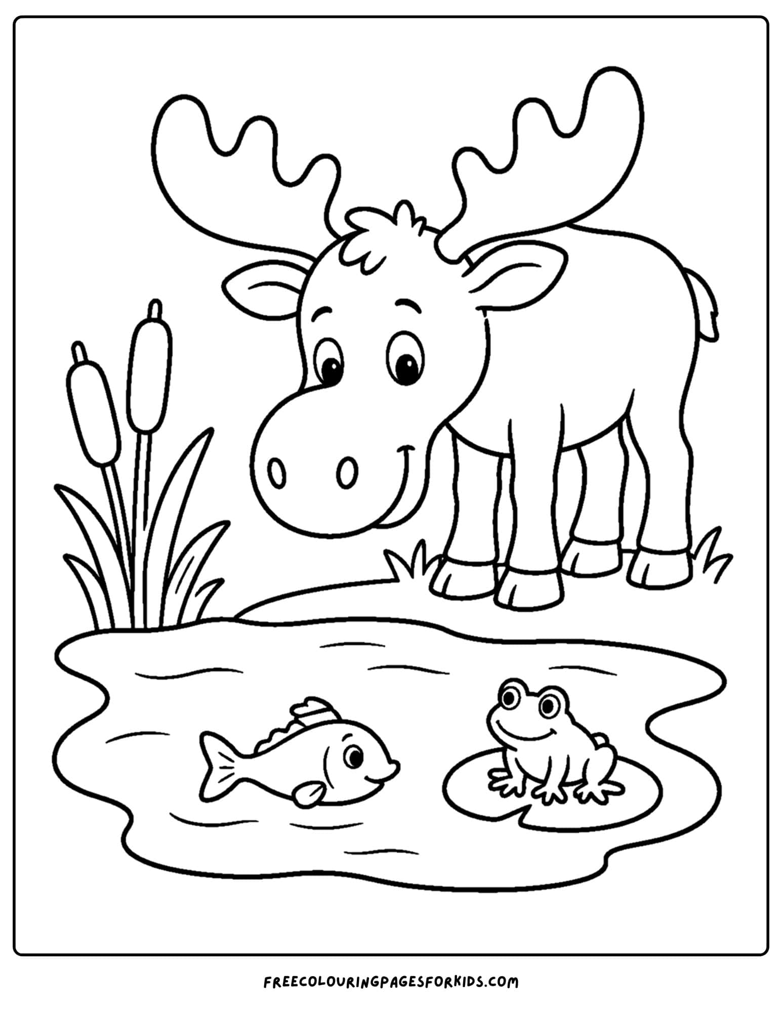a coloring page showing a moose drinking from a pond