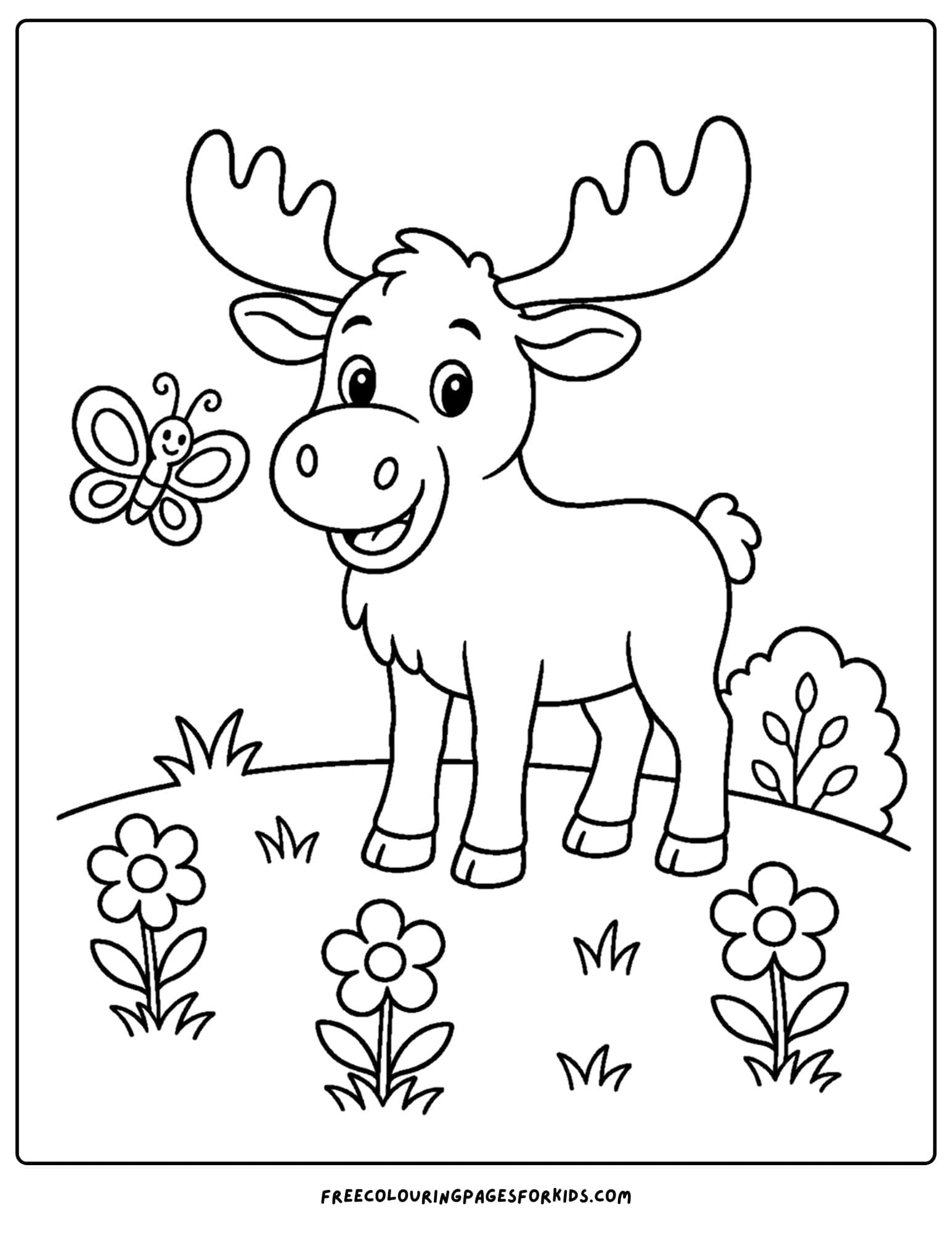 a coloring page showing a moose in a grassy meadow
