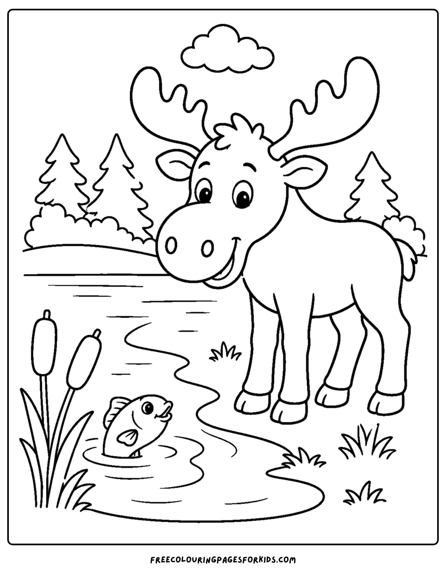 a coloring page showing a moose beside a lake