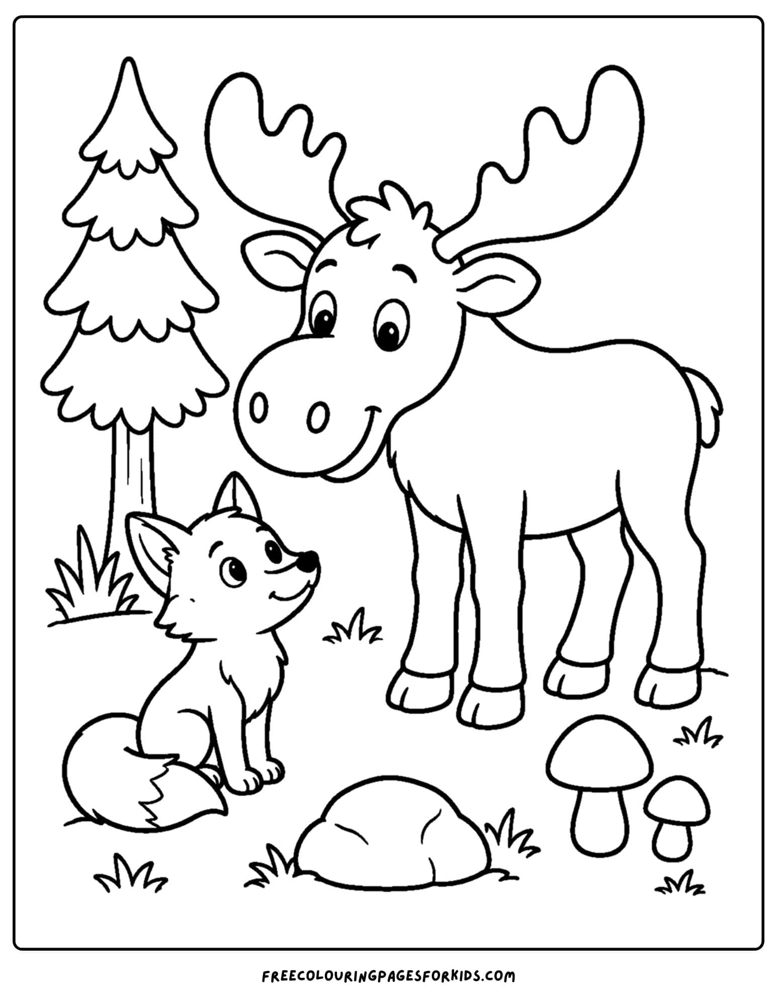a coloring page showing a moose with a fox in the forest