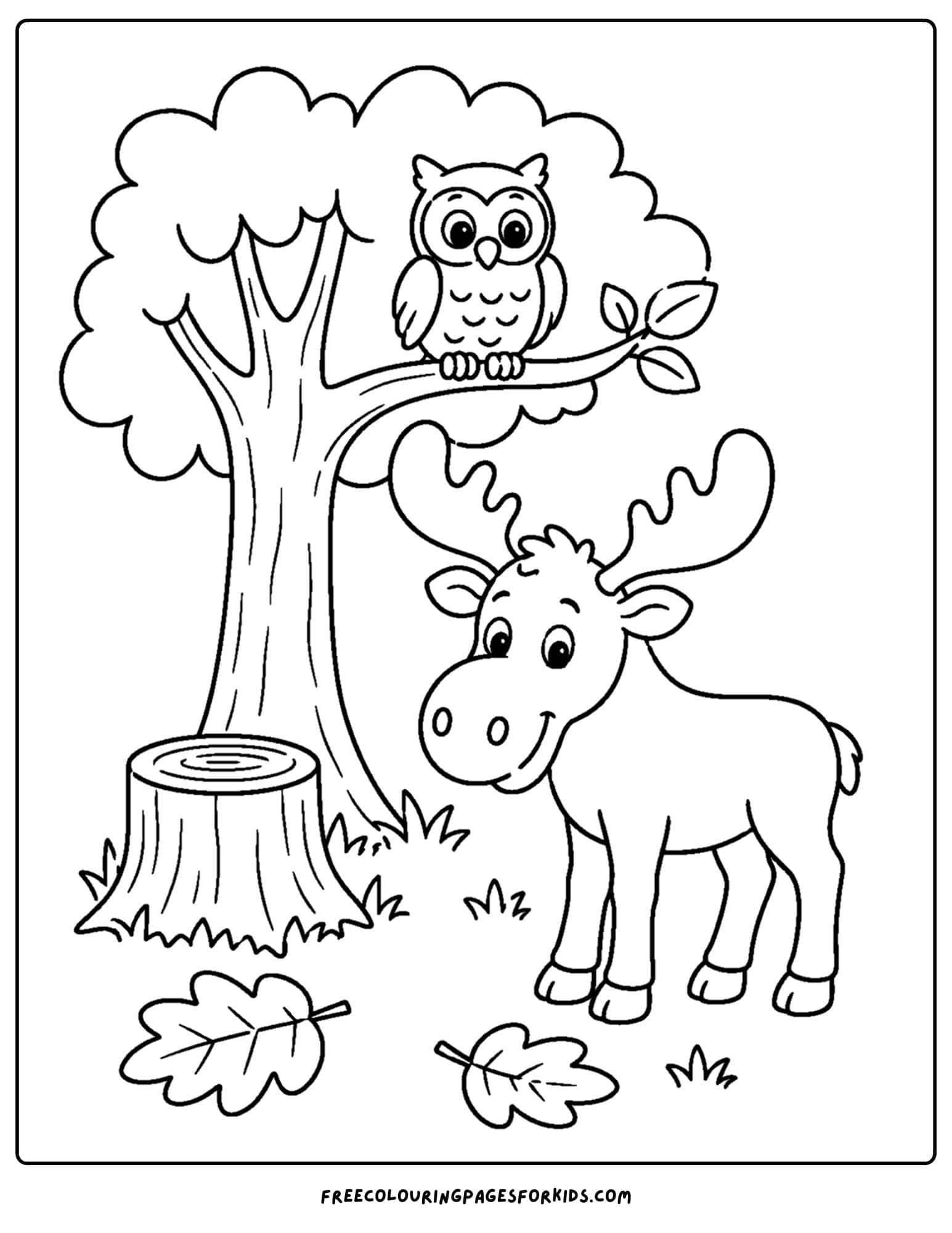 a coloring page showing a moose under a tree with an owl in it