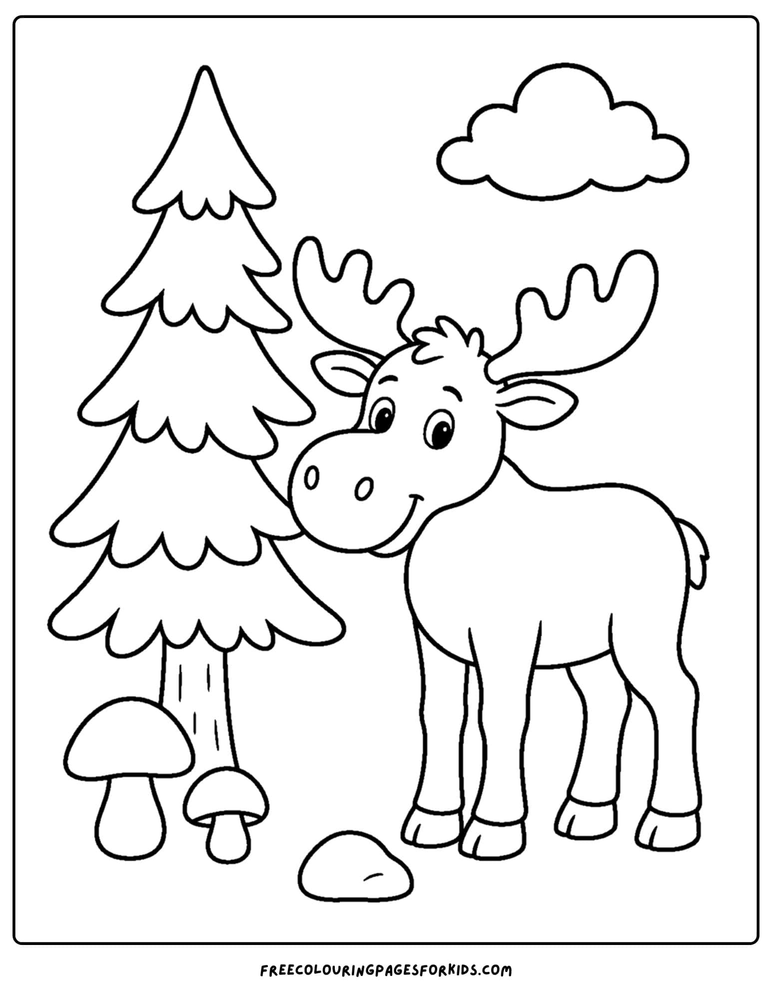 a coloring page showing a moose next to a big pine tree