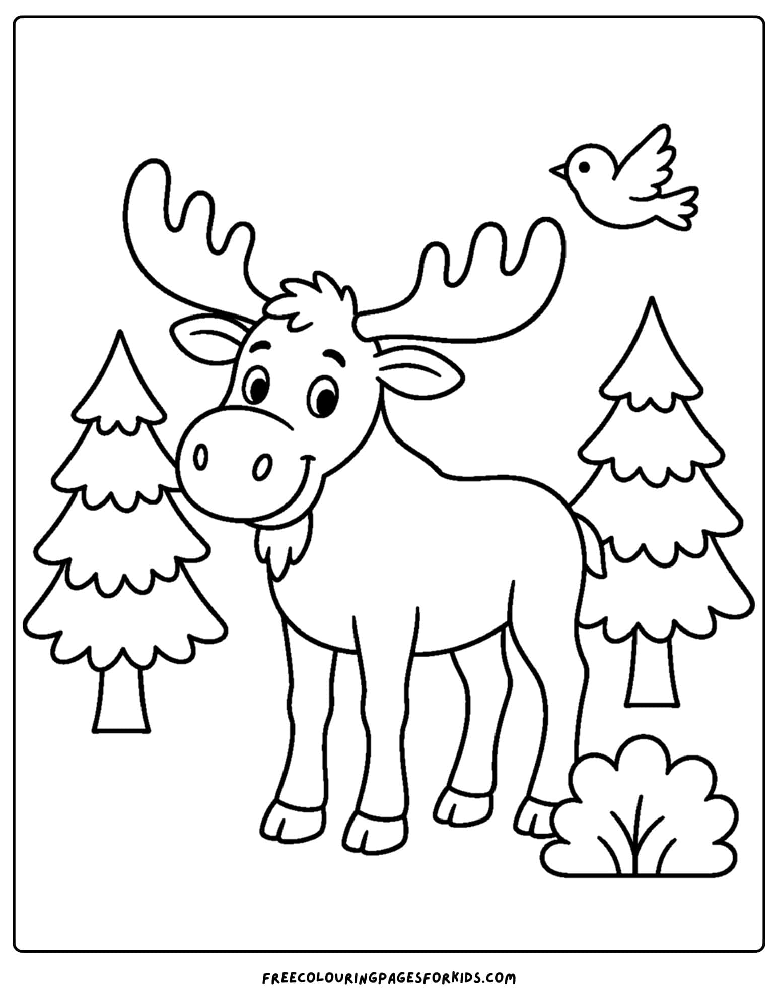 a coloring page showing a moose in a quiet woodland area