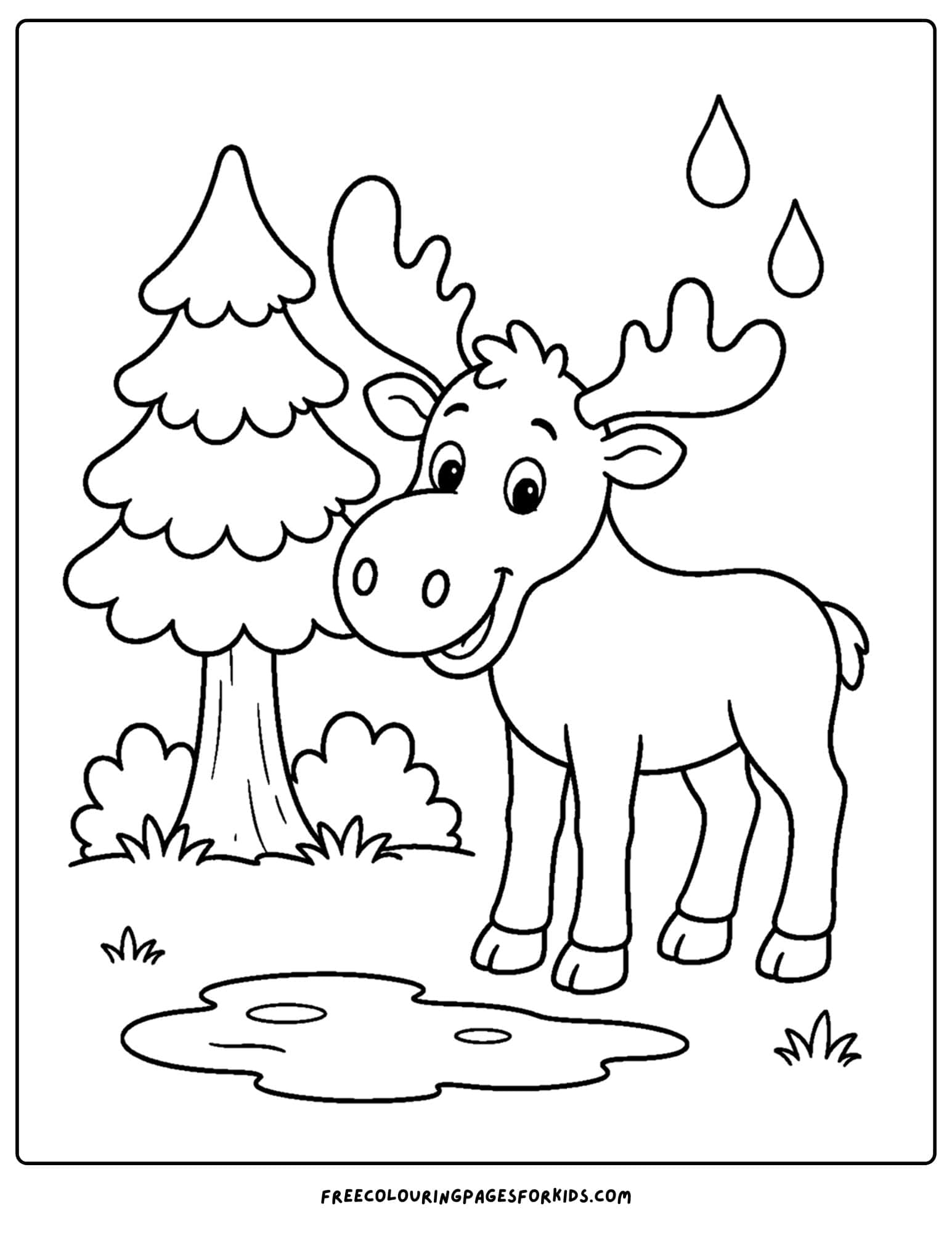a coloring page showing a moose standing wth rain falling