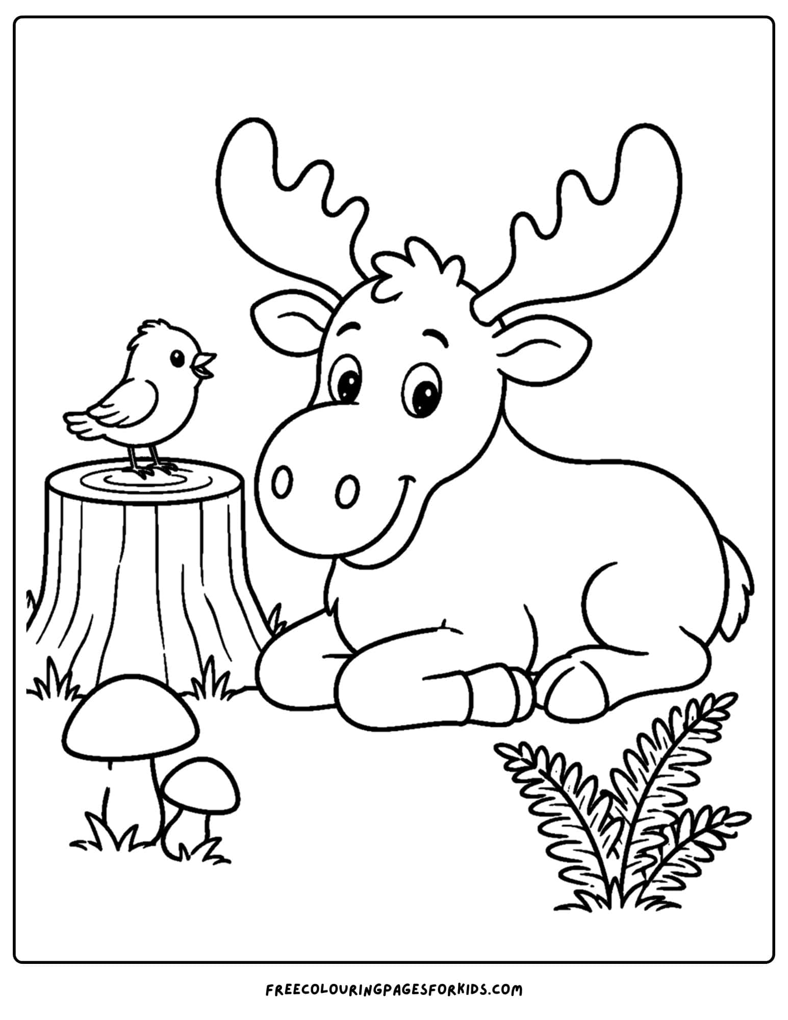 a coloring page showing a moose resting next to a tree stump