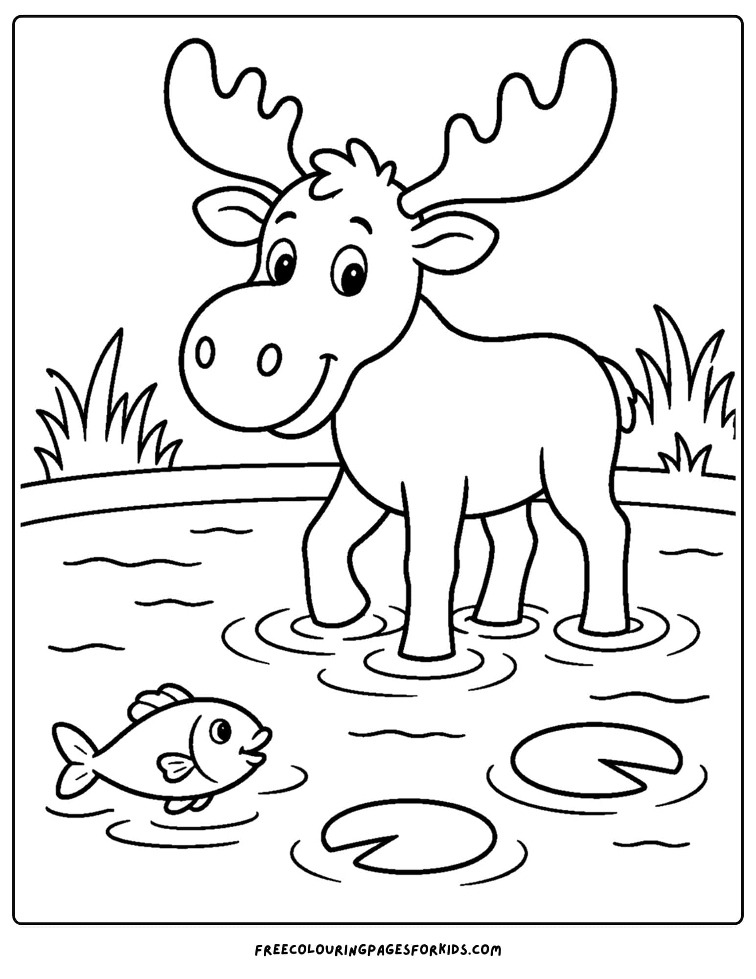 a coloring page showing a moose walking through shallow water