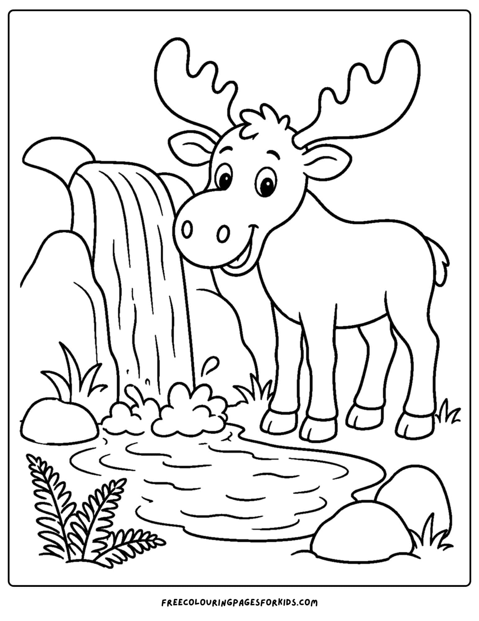a coloring page showing a moose standing next to a small waterfall