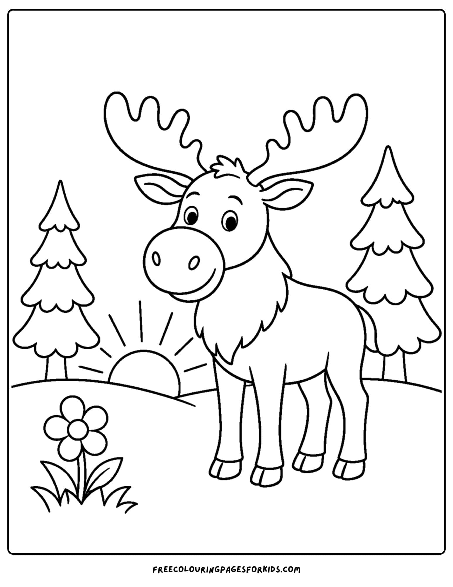 a coloring page showing a moose at sunrise