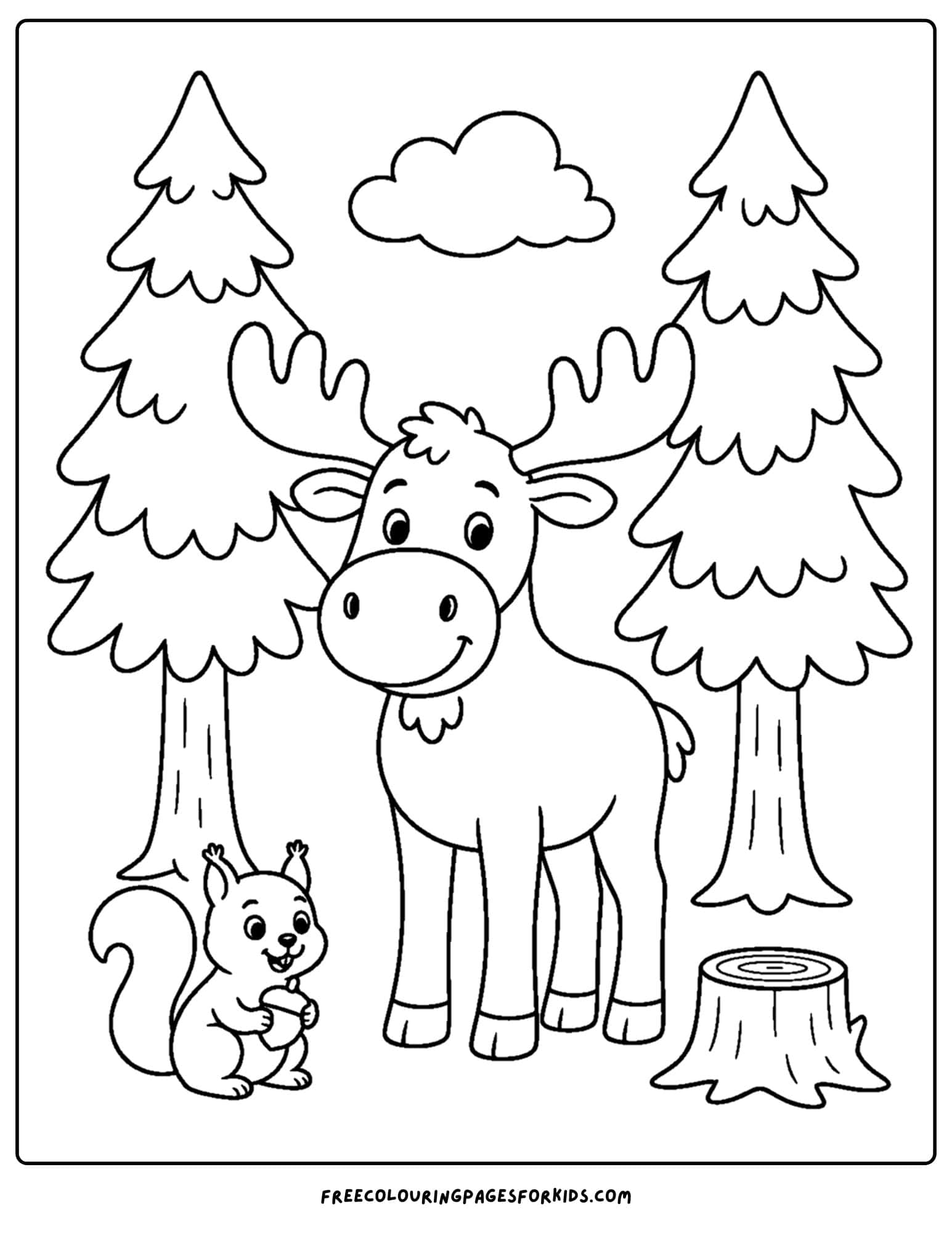 a coloring page showing a moose amongst some tall trees
