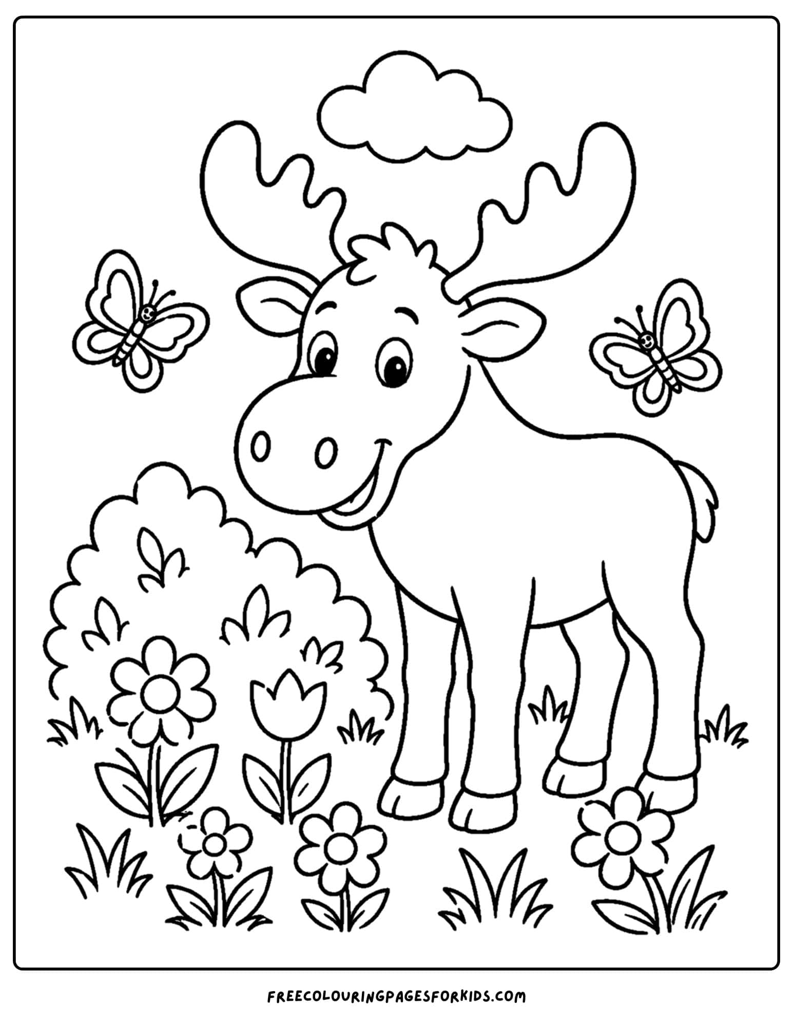 a coloring page showing a moose in a wildflower meadow
