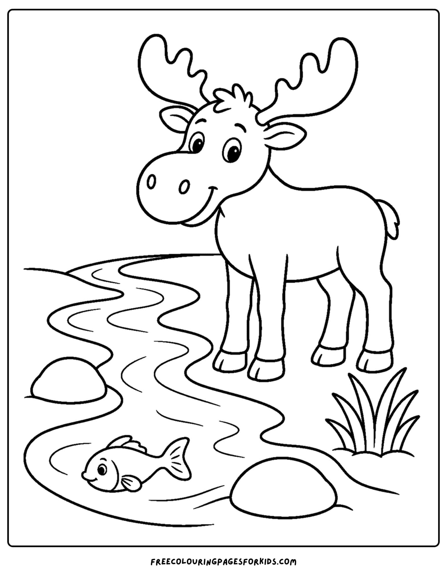 a coloring page showing a moose stopping at a stream with a fish in it