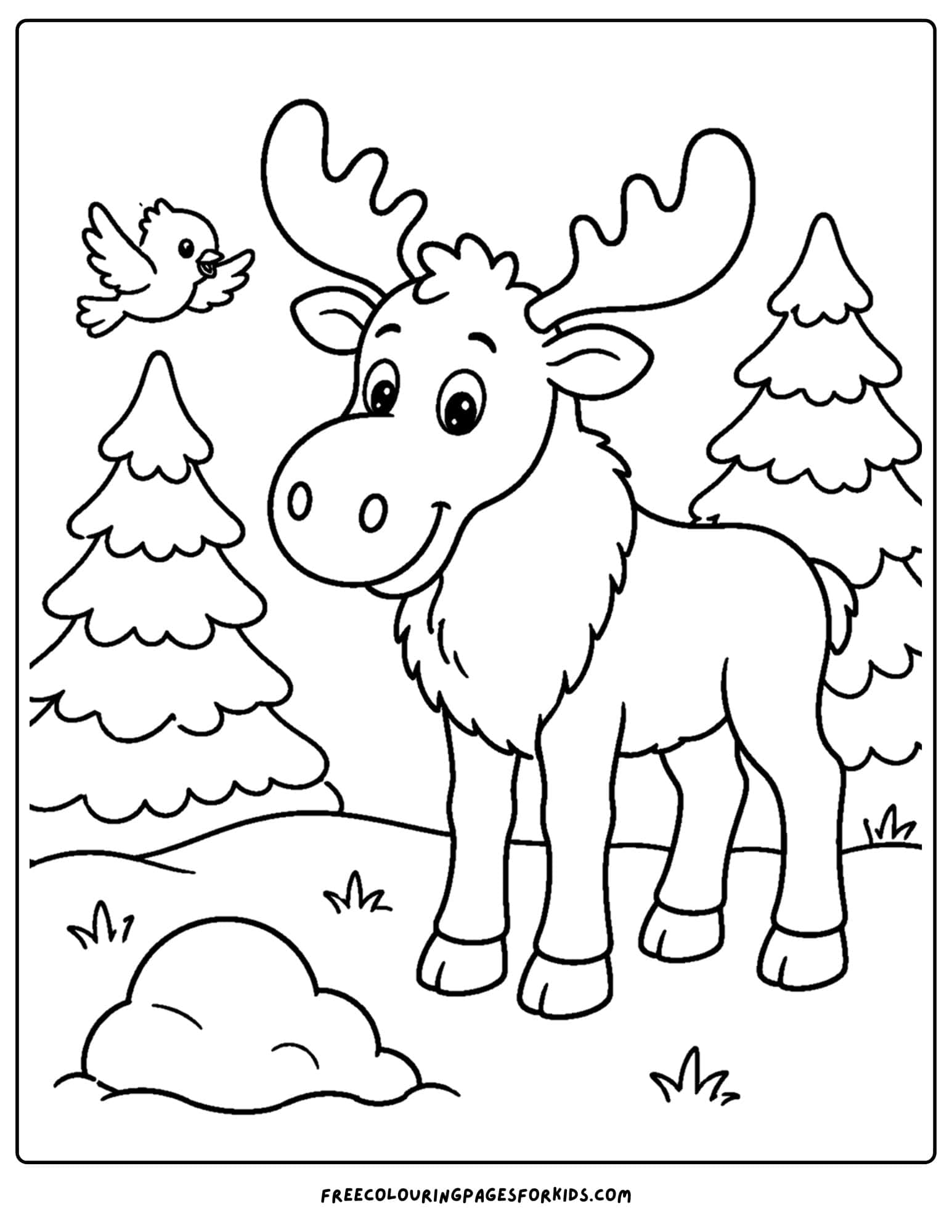a coloring page showing a moose in a forest