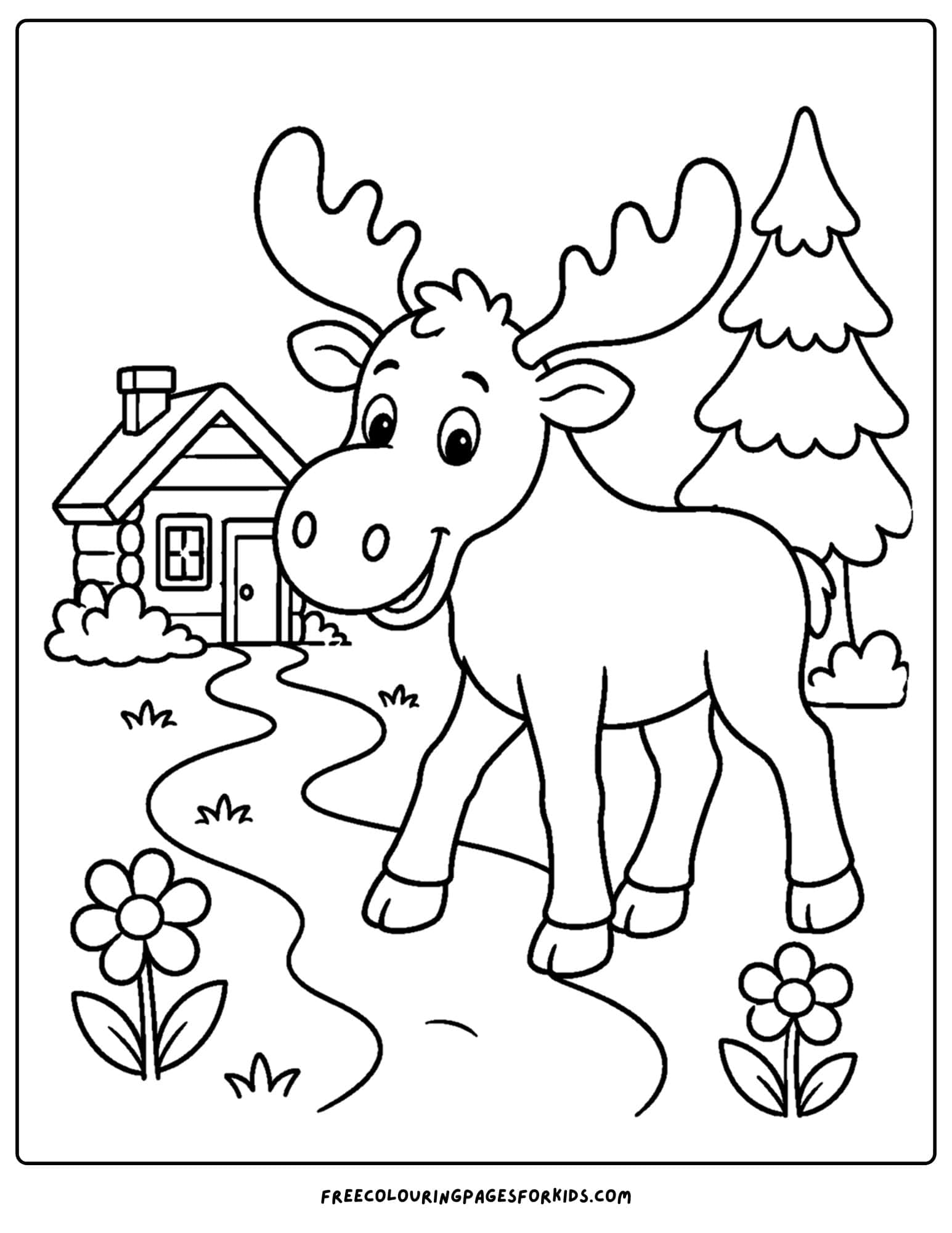 a coloring page showing a moose walking along a path with a cabin in the background