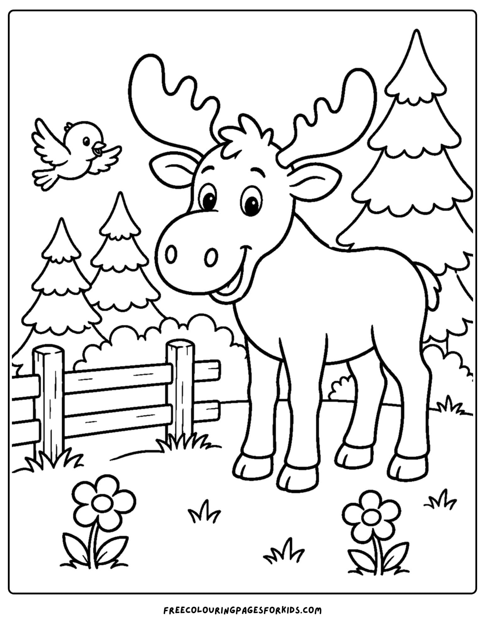 a coloring page showing a moose on the edge of a woodland area
