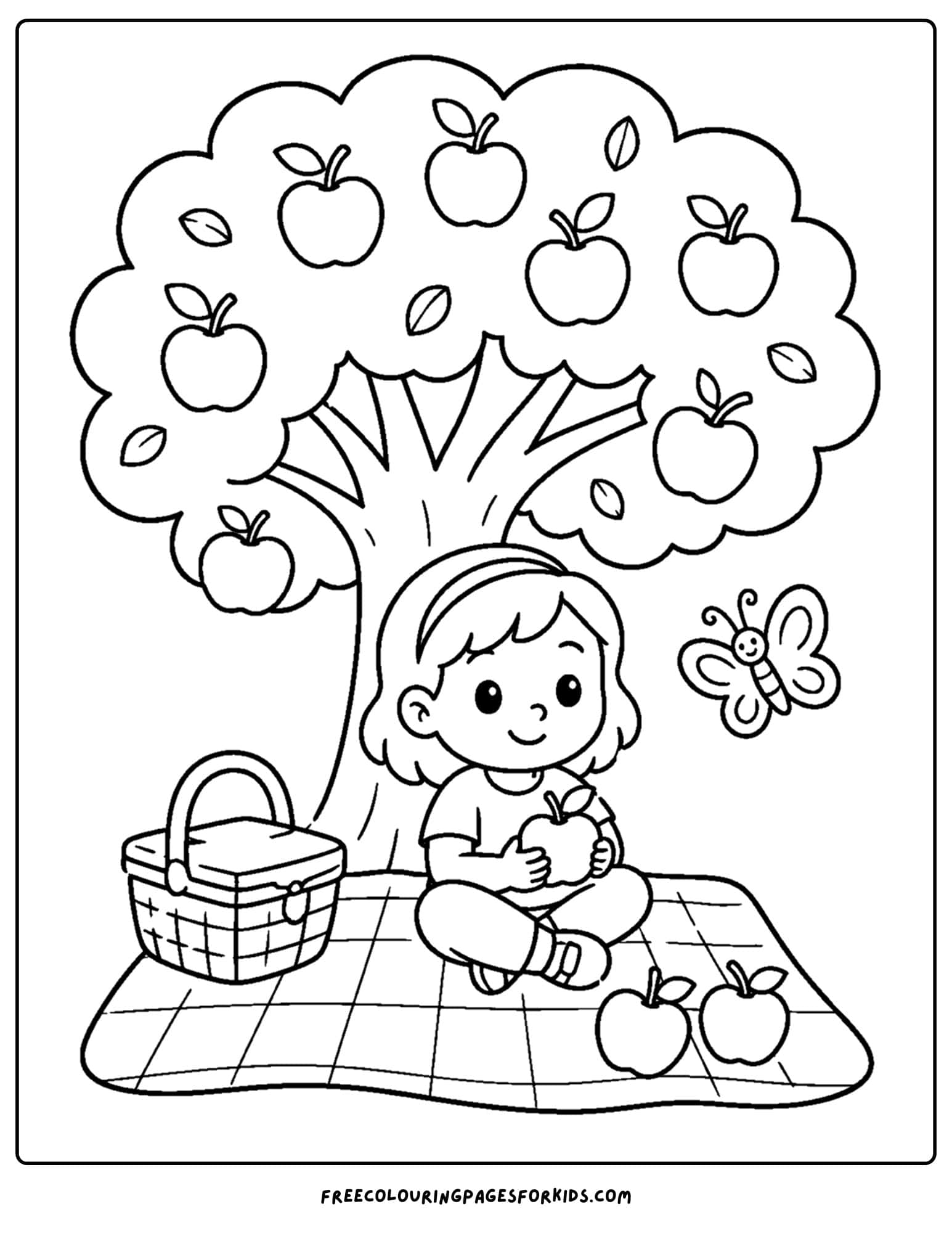 an orchard coloring page showing a child having a picnic under the shade of a fruit tree
