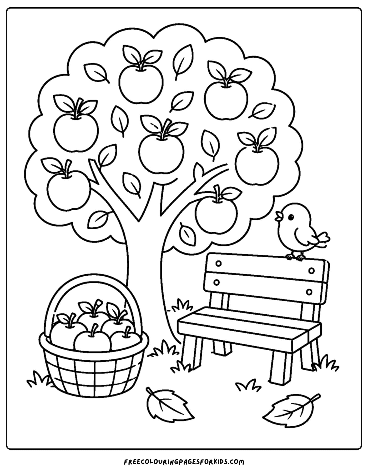 an orchard coloring page showing a bench seat placed under the shade of a tree