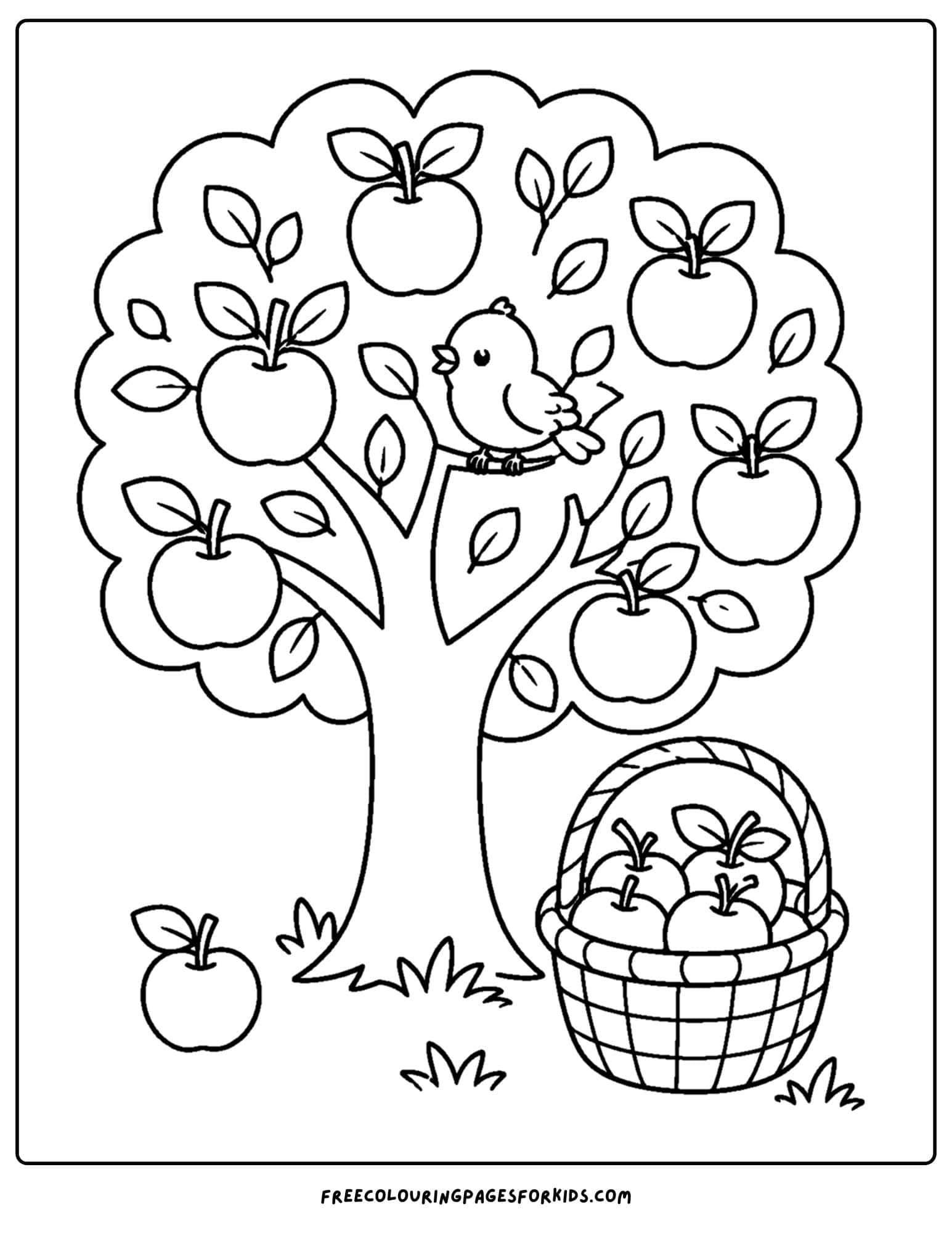 an orchard coloring page showing a bird on the branches of an apple tree