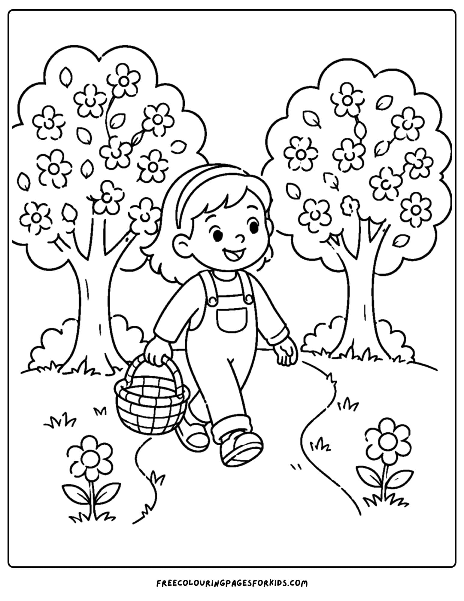 an orchard coloring page showing a child walking a path in the orchard