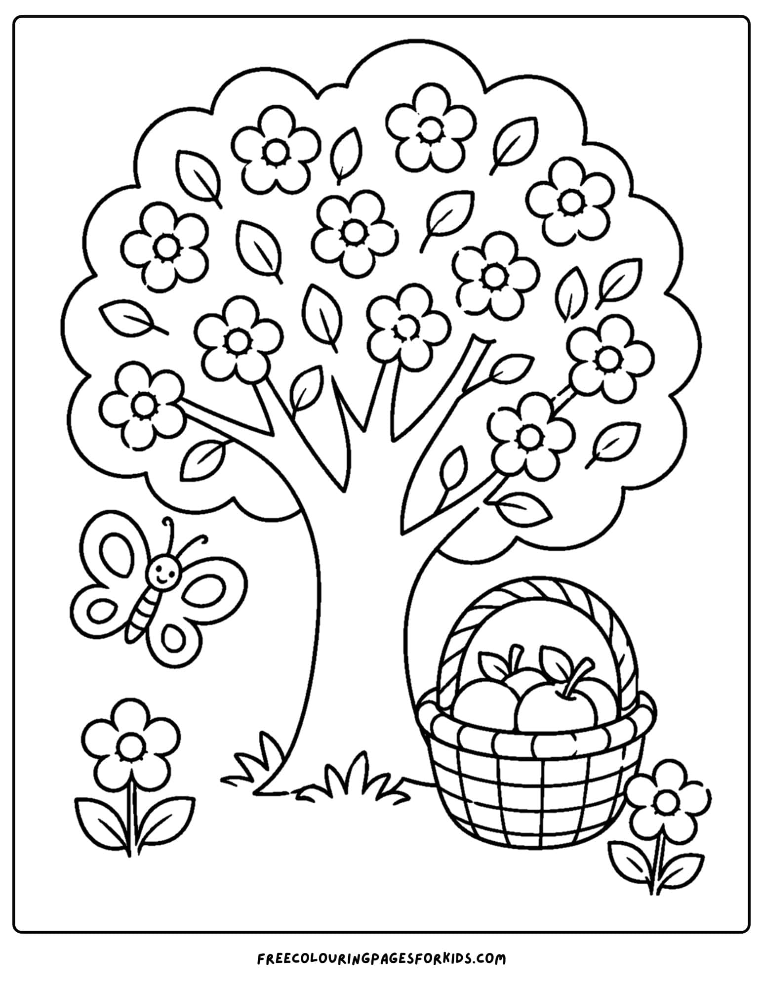 an orchard coloring page showing a butterfly flying past a fruit tree