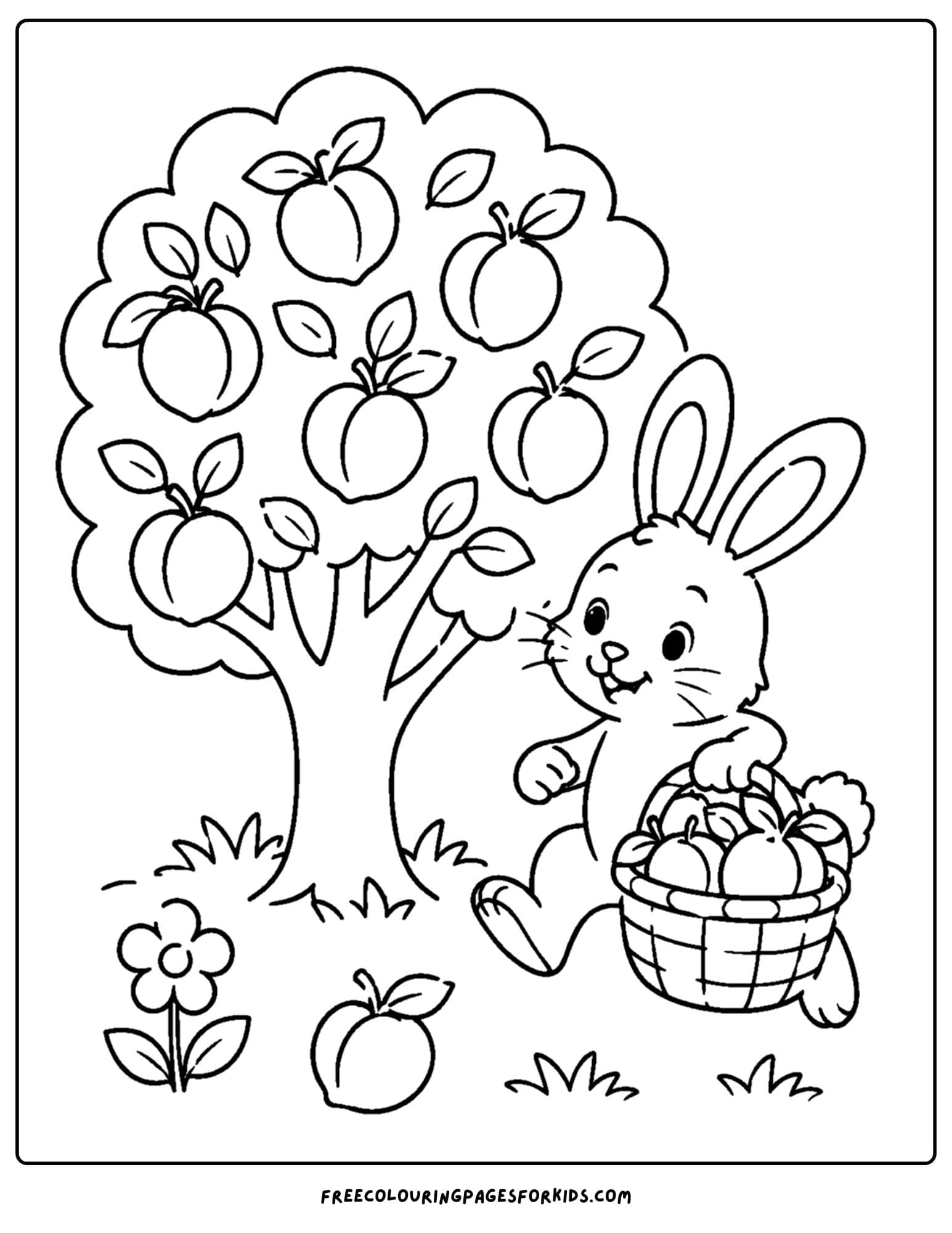 an orchard coloring page showing a bunny with a basket of fruit
