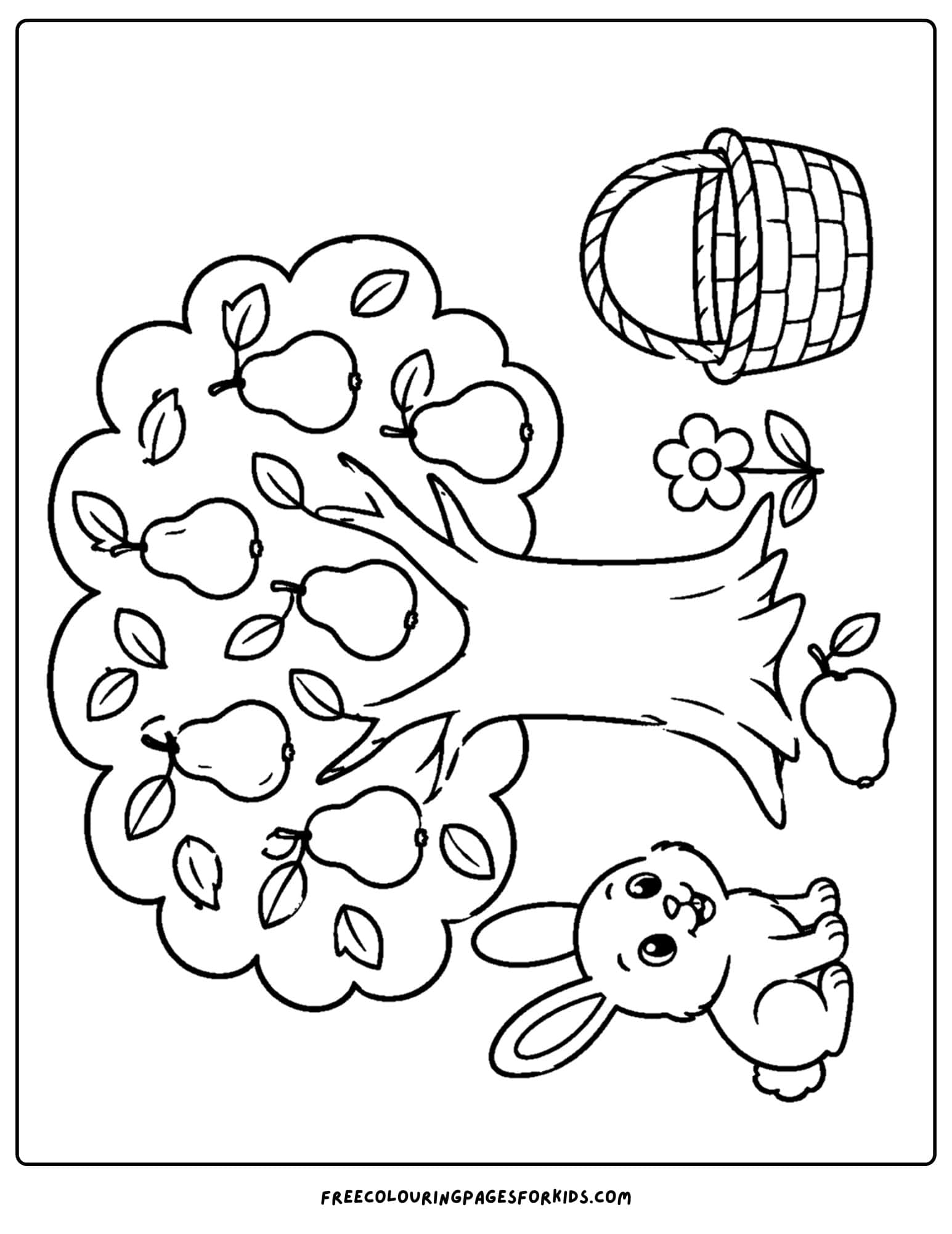 an orchard coloring page showing a bunny sitting below a pear tree