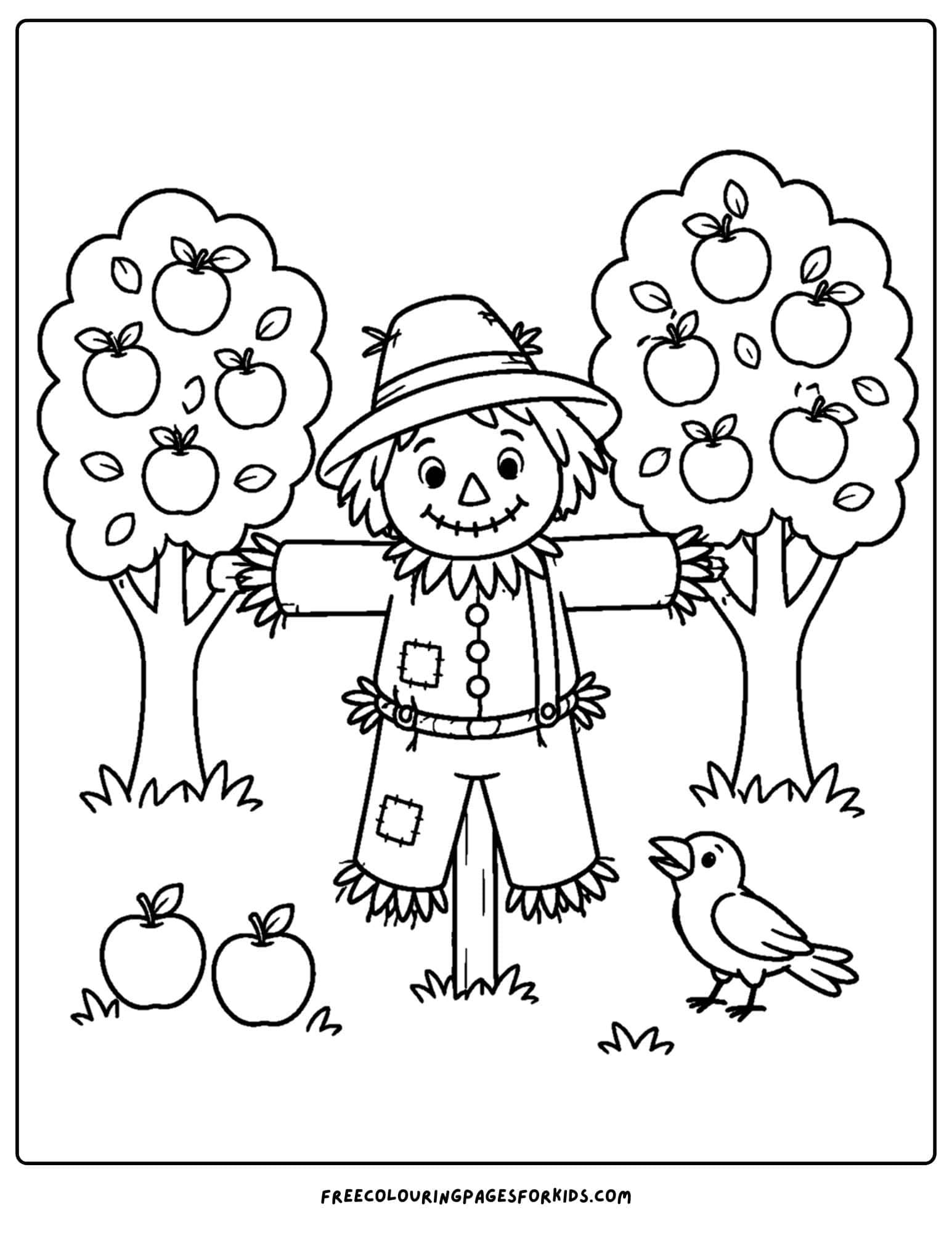an orchard coloring page showing a scarecrow in an orchard field