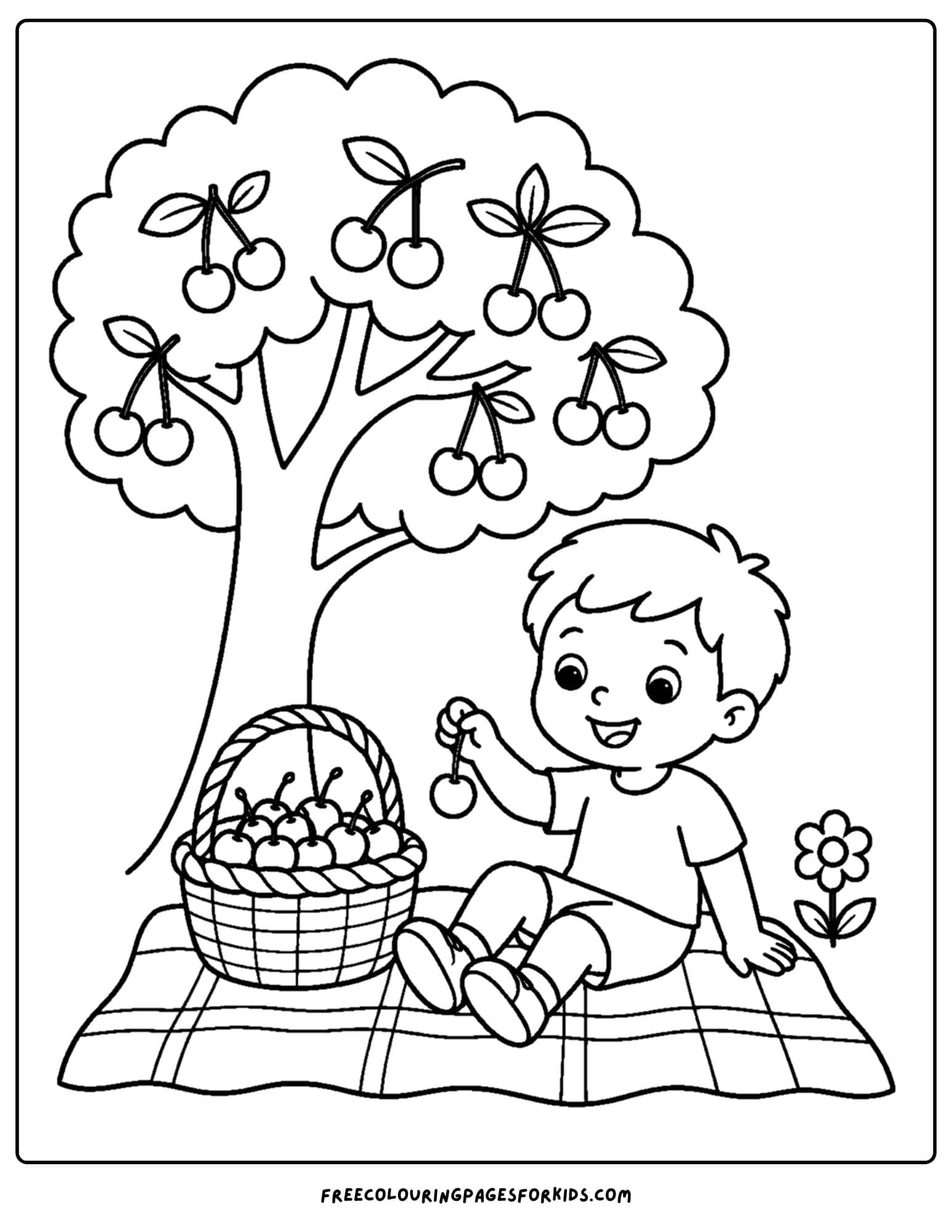 an orchard coloring page showing a child with a basket of cherries under a tree