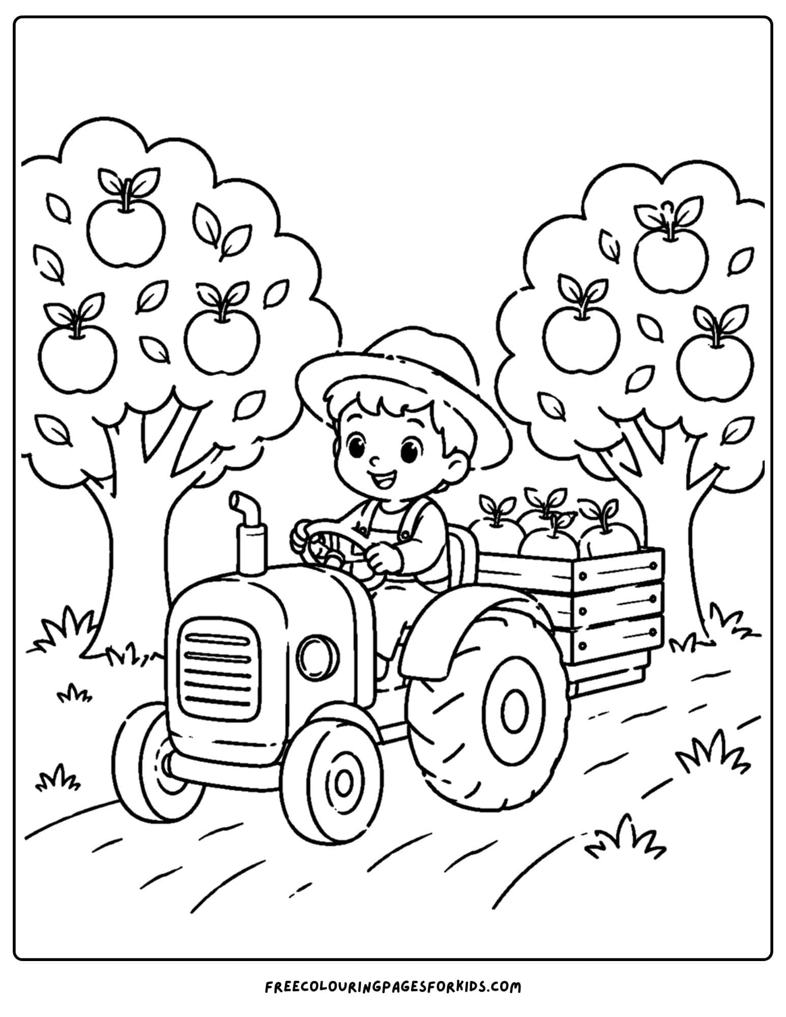 an orchard coloring page showing a child driving a tractor on the orchard