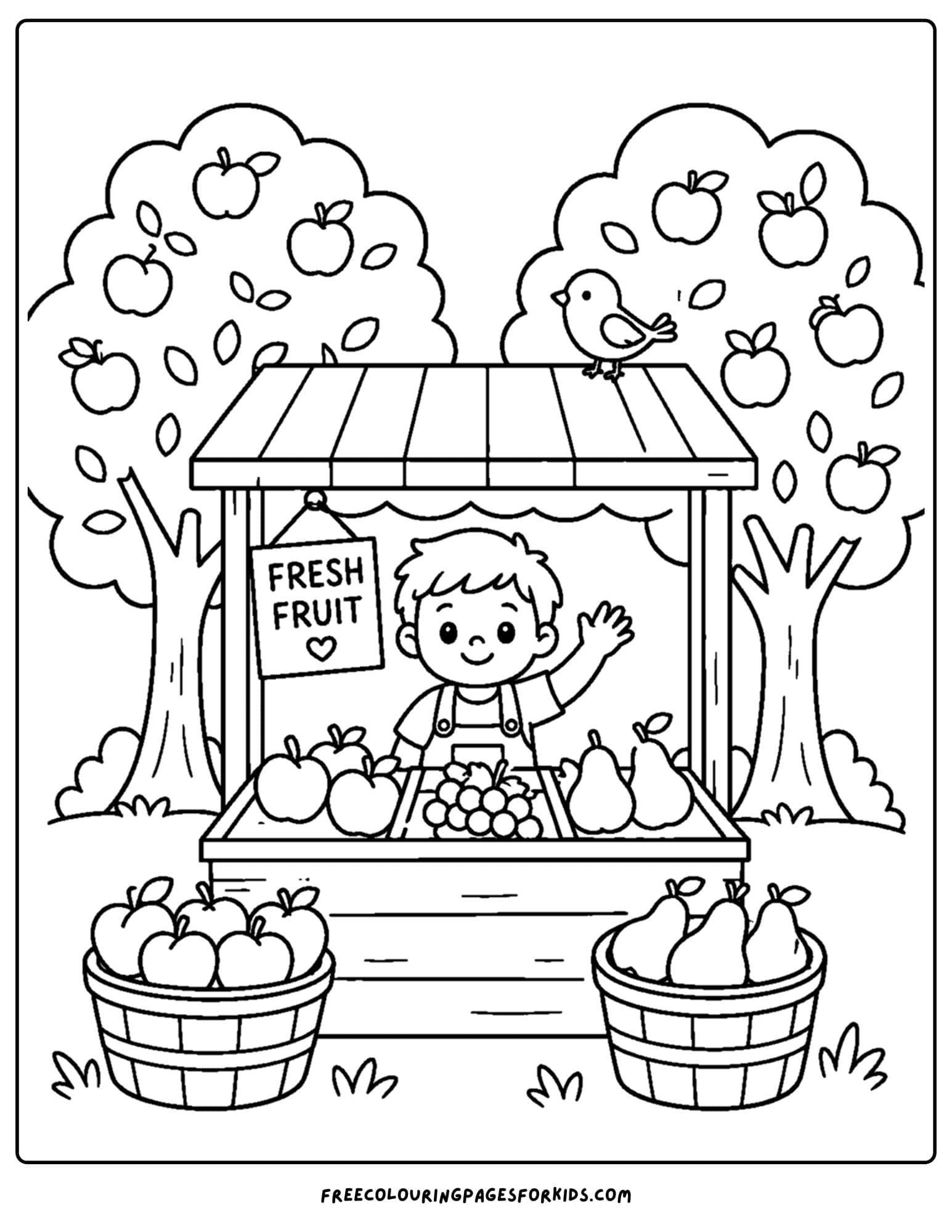 an orchard coloring page showing a fruit stand at an orchard to sell produce