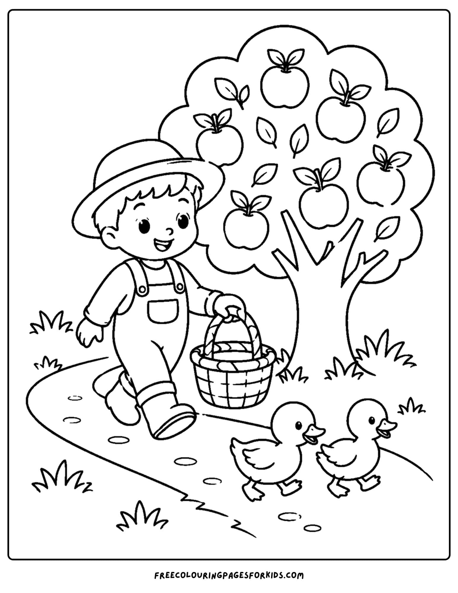 an orchard coloring page showing a child walking with ducks in the orchard