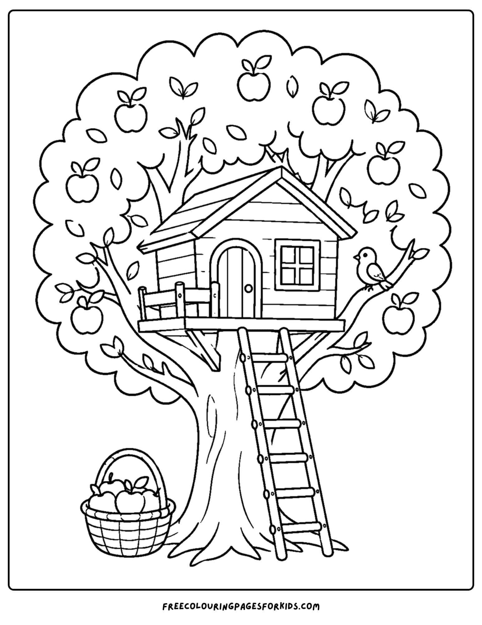 an orchard coloring page showing a tree house built within a great apple tree