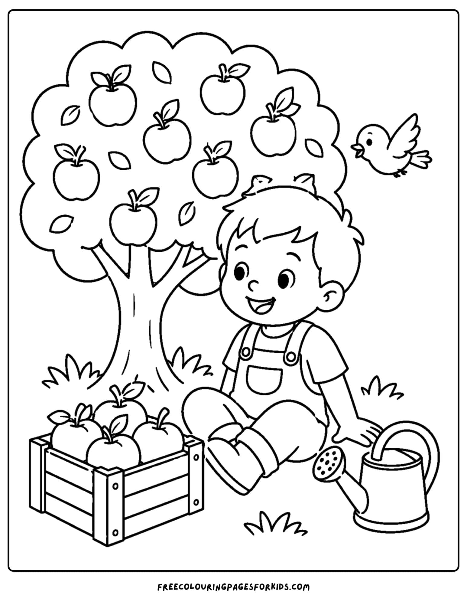 an orchard coloring page showing a child resting after picking a crate of apples