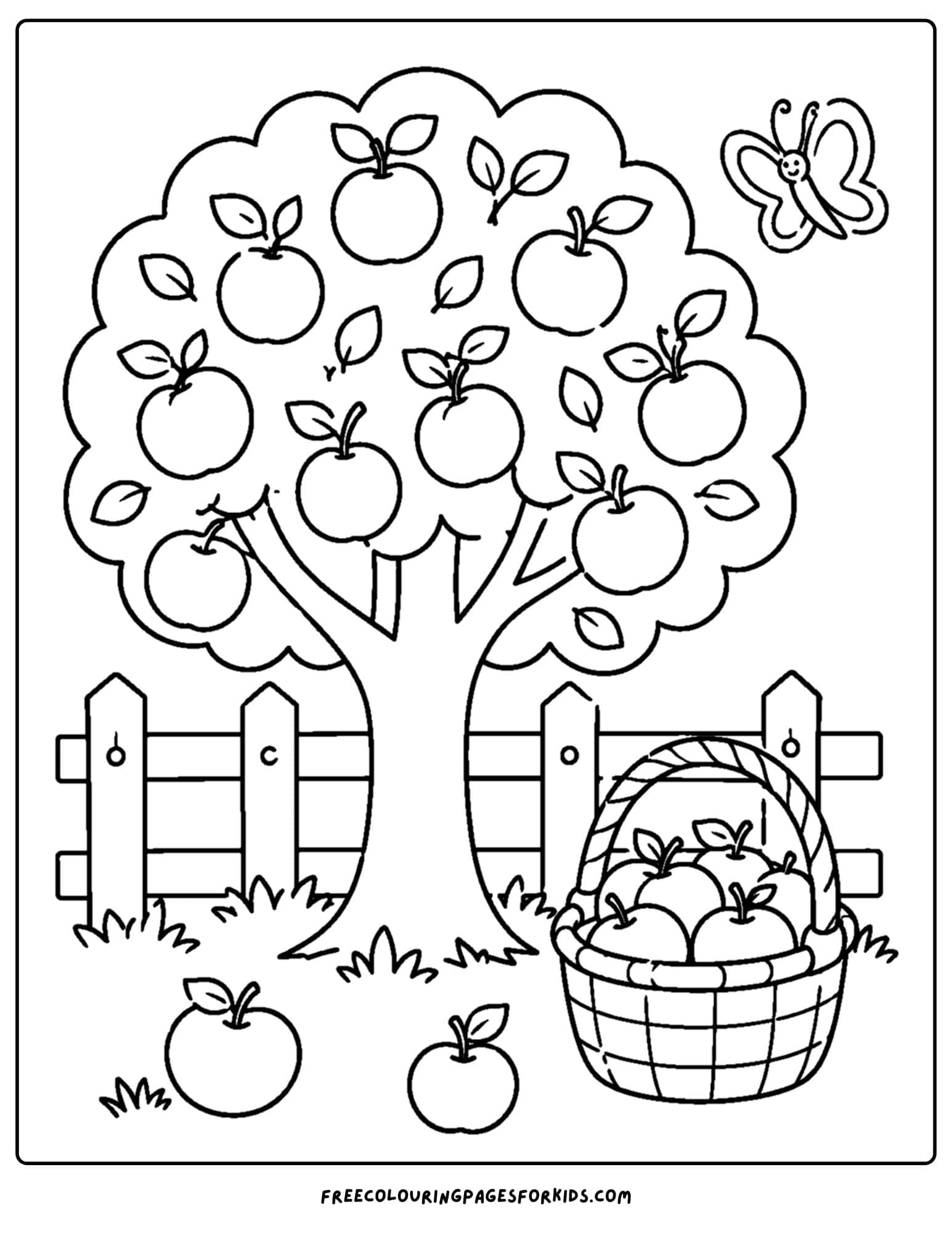an orchard coloring page showing a fruit tree with a fence behind it