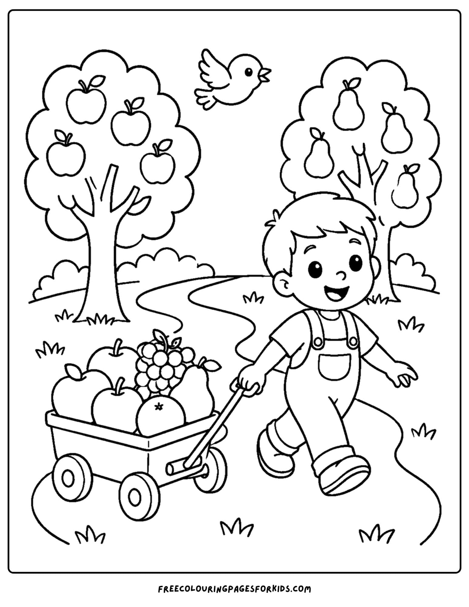 an orchard coloring page showing a child pulling a wagon full of fruit