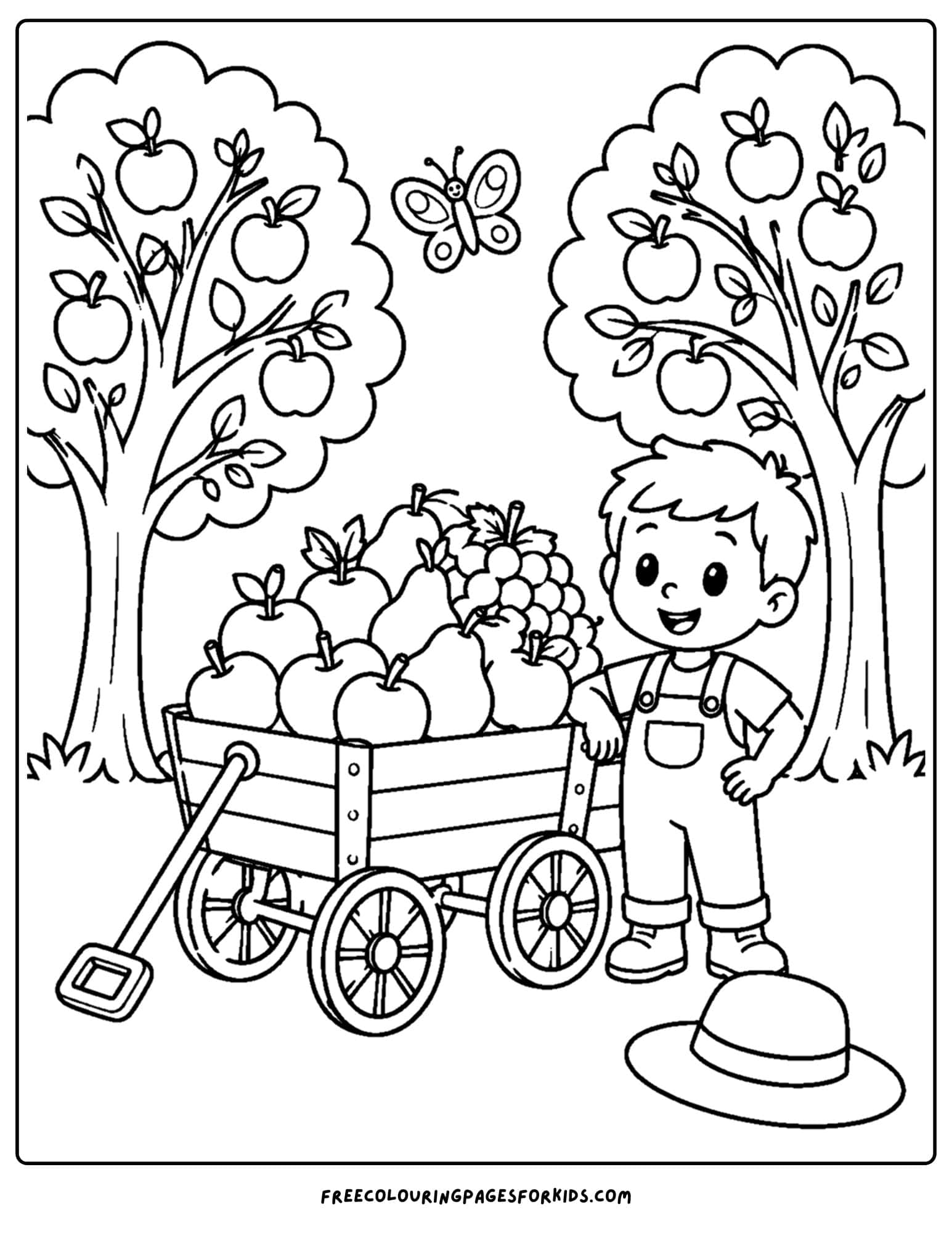 an orchard coloring page showing a child standing beside a wagon full of picked fruit